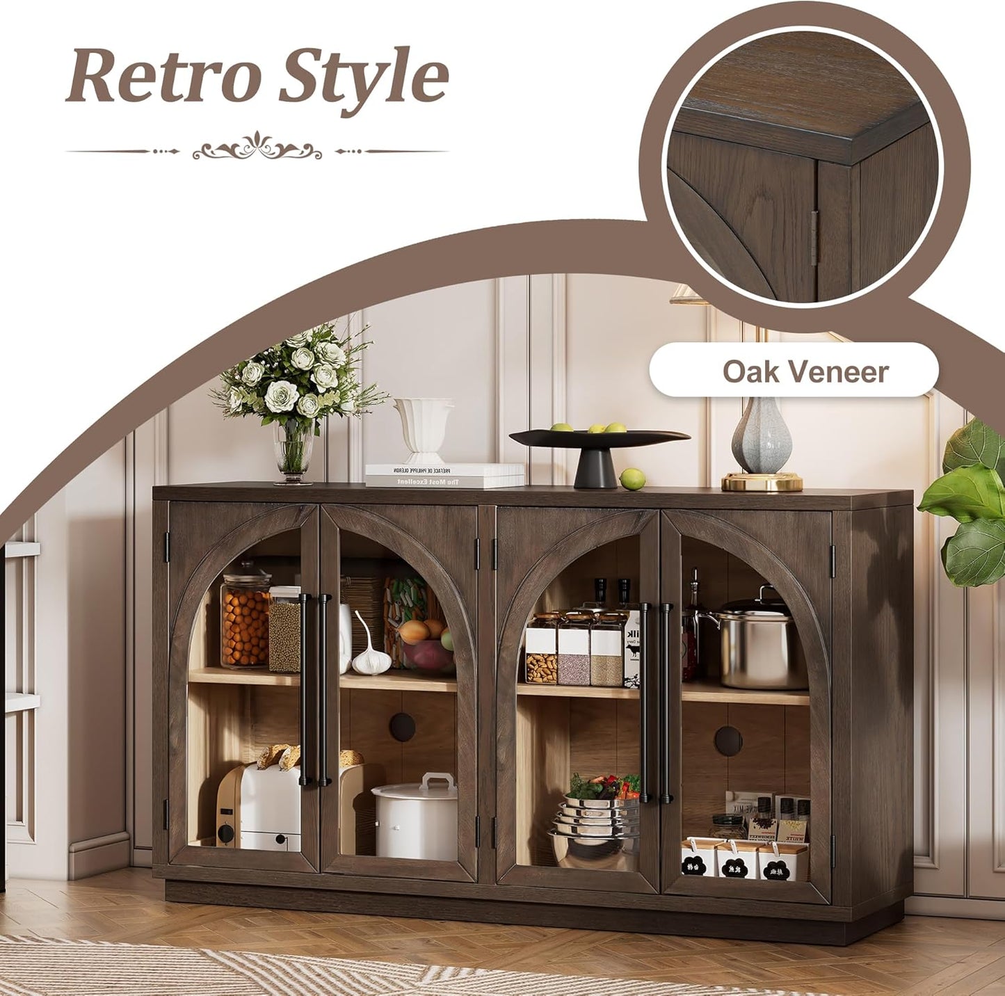 Merax Wood Farmhouse Buffet Sideboard with Adjustable Shelves and 4 Glass Doors, Coffee Bar Cabinet TV Stand for Living Room Bedroom Kitchen Espresso