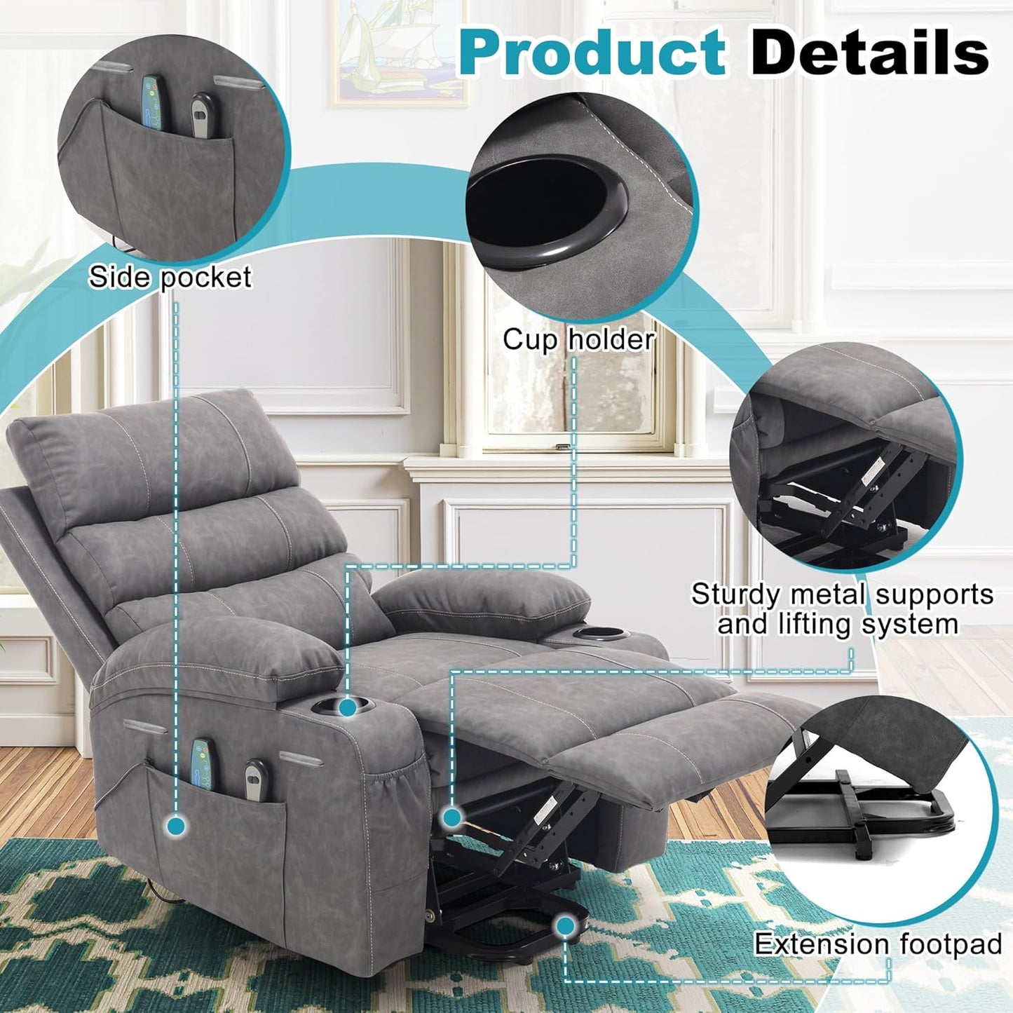 Recliner Chair Power Lift Massage Chair Full Body 21" Large Size Electric Recliner with 8 Point Vibration Massage and Lumber Heat, Remote Control, Side Pockets and Cup Holders, Grey