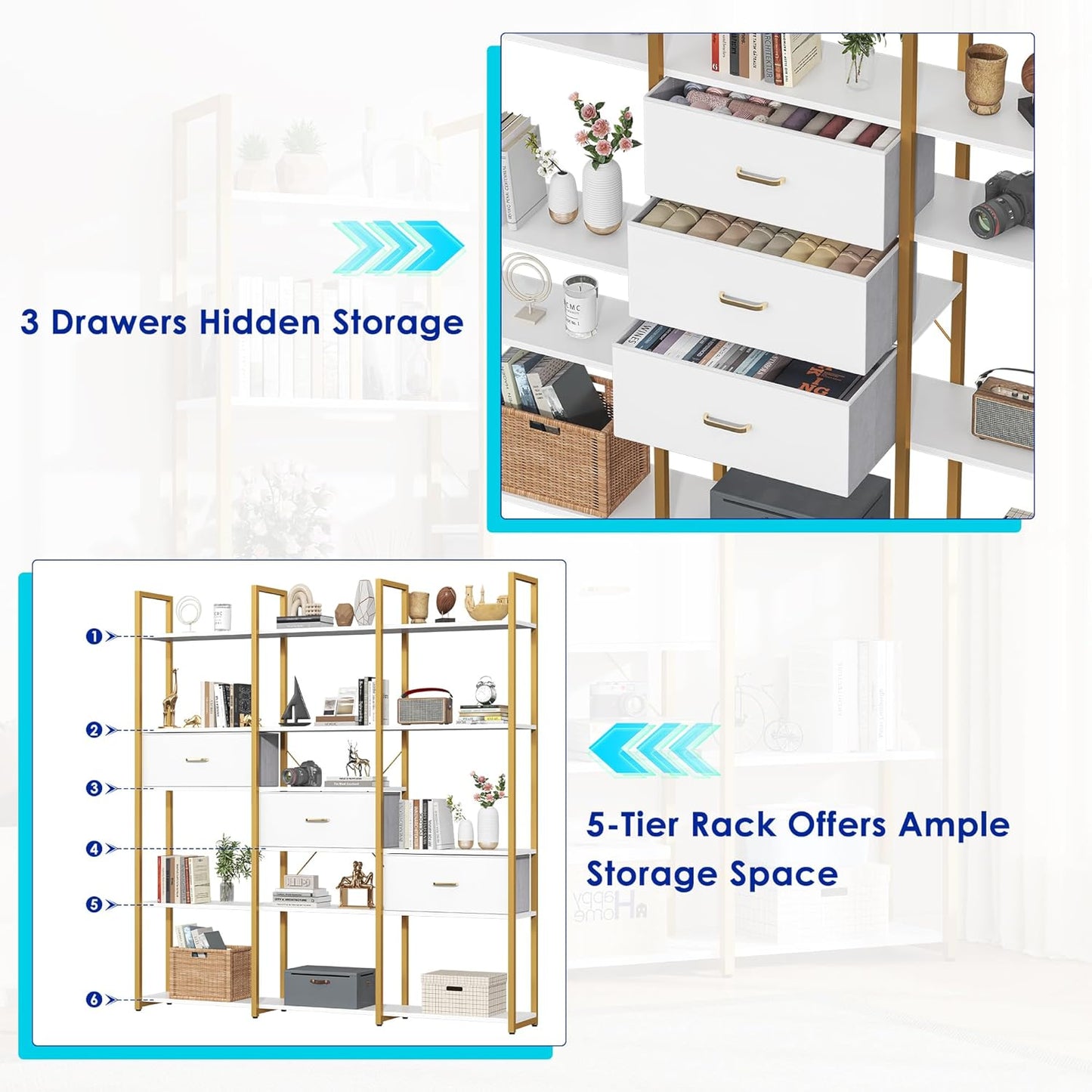 73.6" Tall Bookshelf with 3 Drawers and 16 Storage Shelves, Industrial Bookcase with 16 Open Display Shelves, Large Etagere Bookshelf, Triple Wide Book Shelf Book Case for Home & Office, Gold