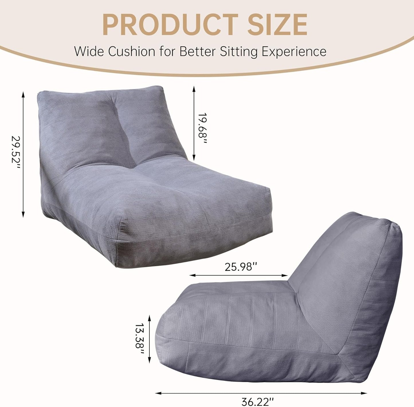 Bean Bag Chairs for Adults, Memory Foam Bean Bag Chair, Spacious Single Sofa, Ergonomic Support Reading Floor Sofa Chair with Filler, Comfy Cozy Beanbag Couch for Bedroom Living Room (Grey)