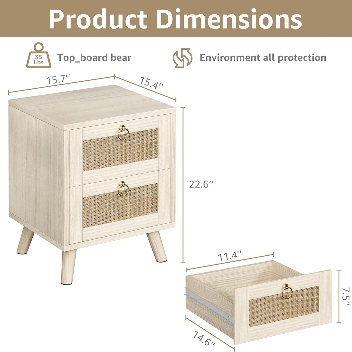 BOLUO Wooden Night Stand with 2 Drawer, Rattan Small Nightstand Boho Bedside Table for Cozy Bedroom