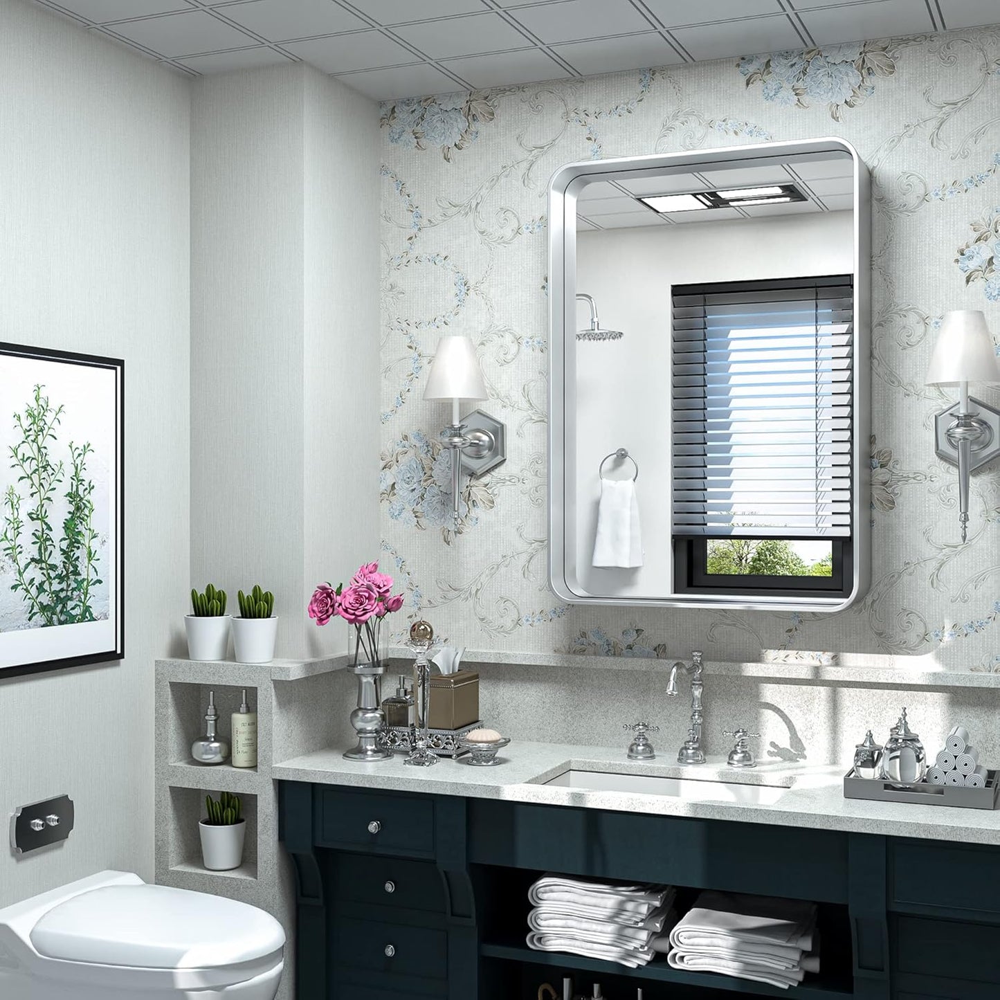 TokeShimi 24 x 32 Inch Brushed Silver Bathroom Mirror for Wall Brushed Brass Metal Rounded Corner Rectangle Mirror Metal Frame Deep Set Design Hangs Horizontal Or Vertical