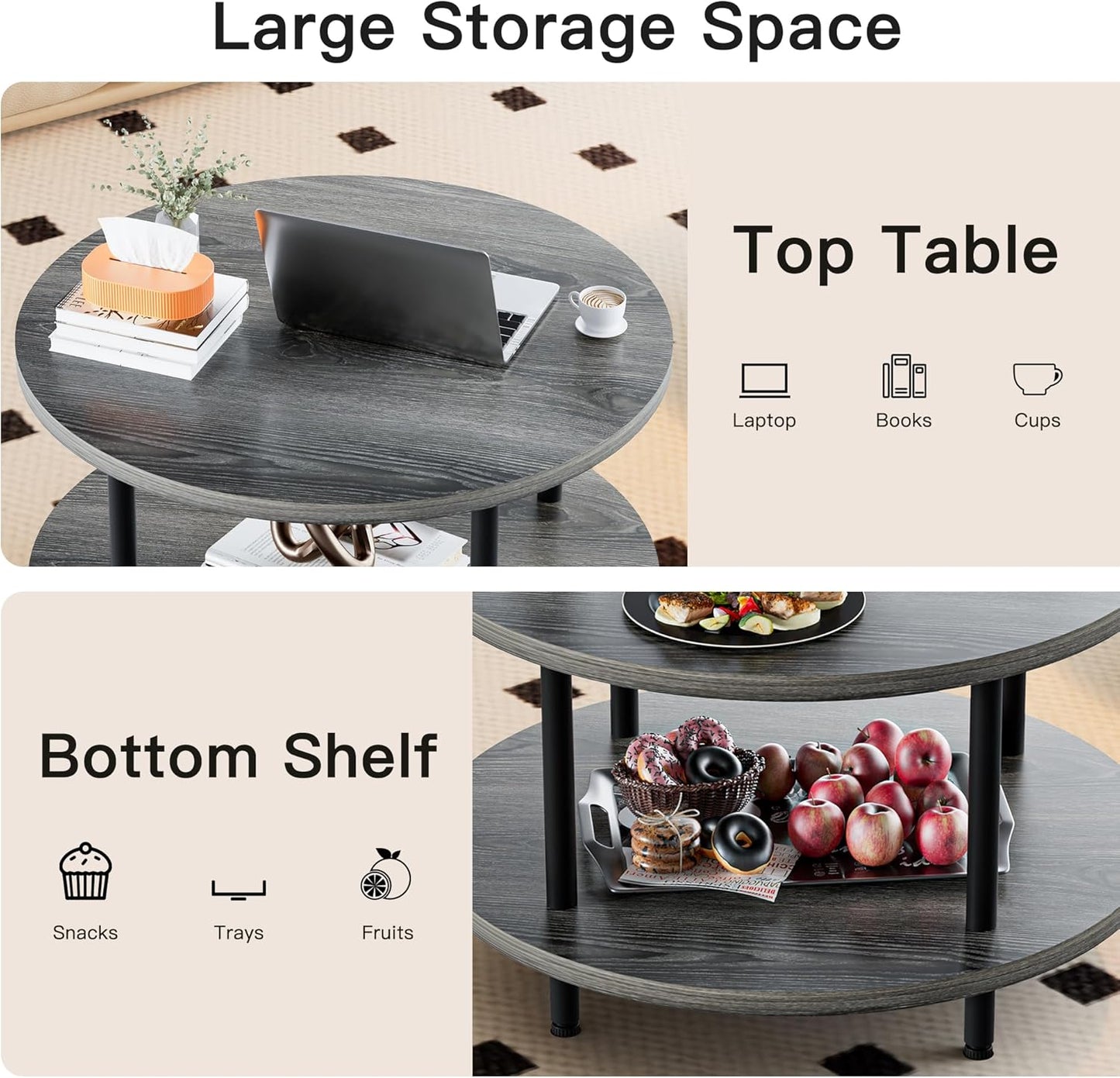 Coffee Table, 2 Tier Coffee Tables for Living Room, Round Coffee Table with Storage, Floor Table for Bedroom, Home Office, Grey (23.6" D x 18.1" H)