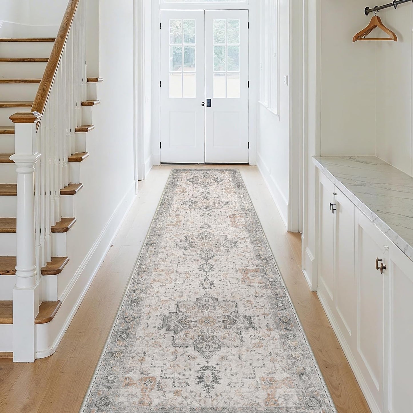 GENIMO Runner Rug 2'6''x12, Non Slip Vintage Hallway Runner Rugs, Low Pile Lightweight Machine Washable Mat for Hallway, Entryway, Bedroom, Kitchen and Corridor, Light Taupe Brown