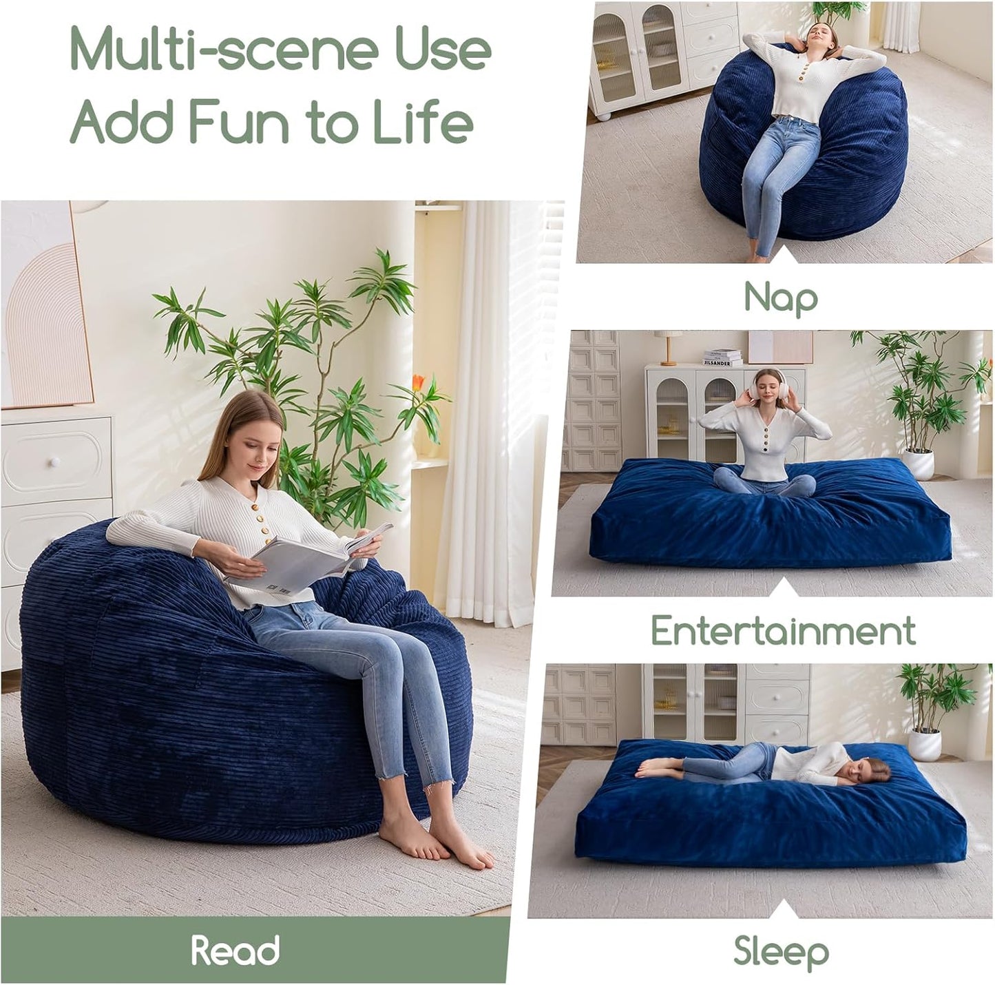 HIGOGOGO Giant Bean Bag Chair Bed for Adults,Convertible Beanbag Folds from Lazy Chair to Floor Mattress Bed,Large Floor Sofa Couch for Adult,Couples,Family,High-Density Foam Filling, Machine Washable