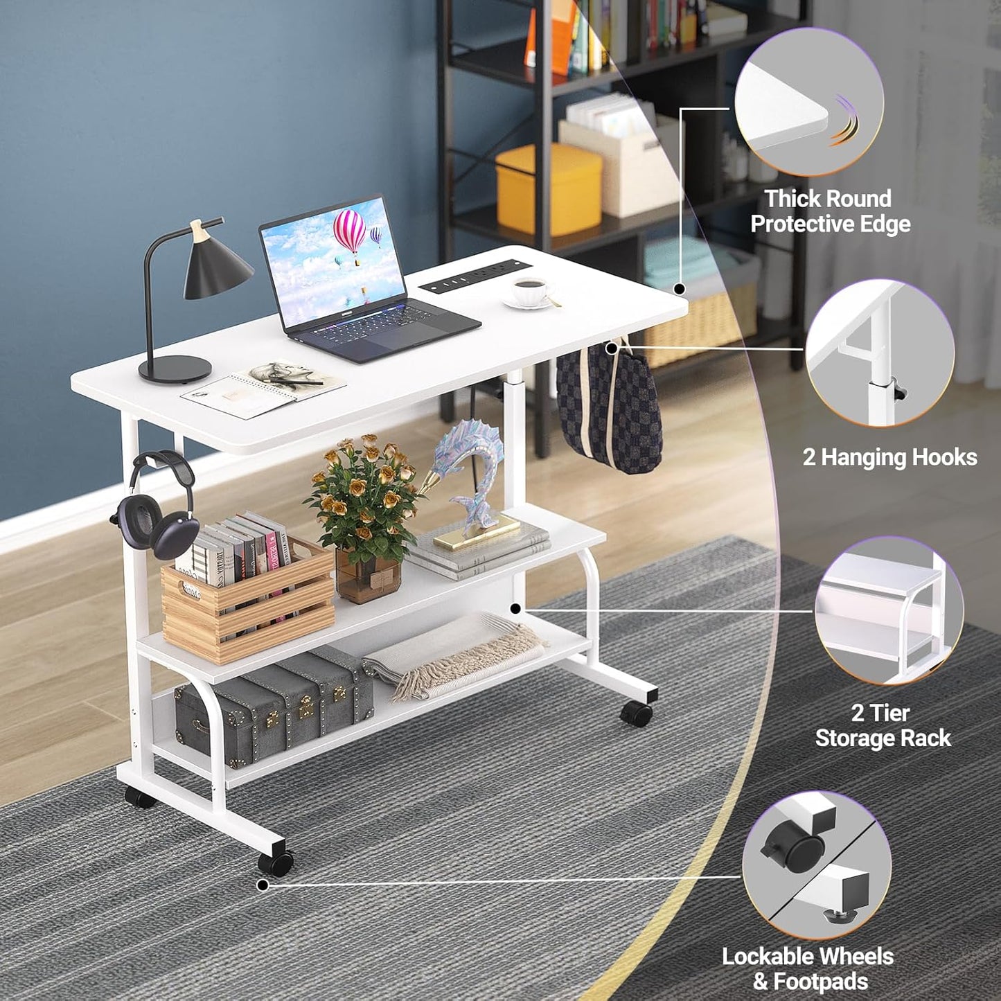 Armocity Height Adjustable Standing Desk with Power Outlets, 32" Manual Stand Up Desk with Storage Shelves Small Mobile Rolling Computer Desks Portable Laptop Table with Wheels for Home Office, White