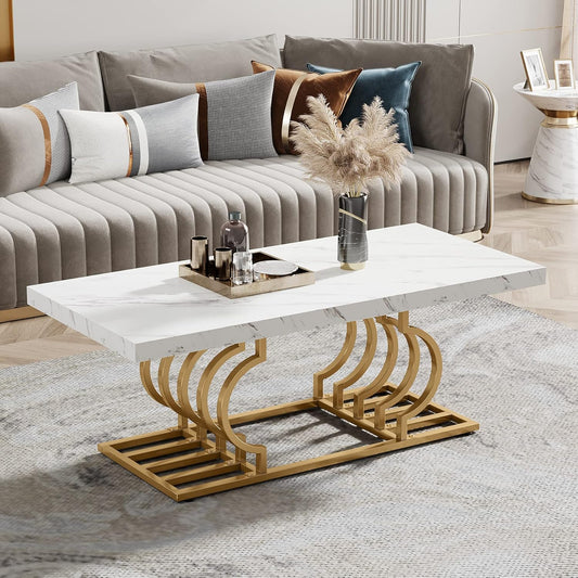 Tribesigns Modern Coffee Table, 47 Inch Faux Marble Cocktail Table with Geometric Frame, Rectangular Center Table Tea Table Accent Furniture for Living Room, Simple Assembly (White/Gold)