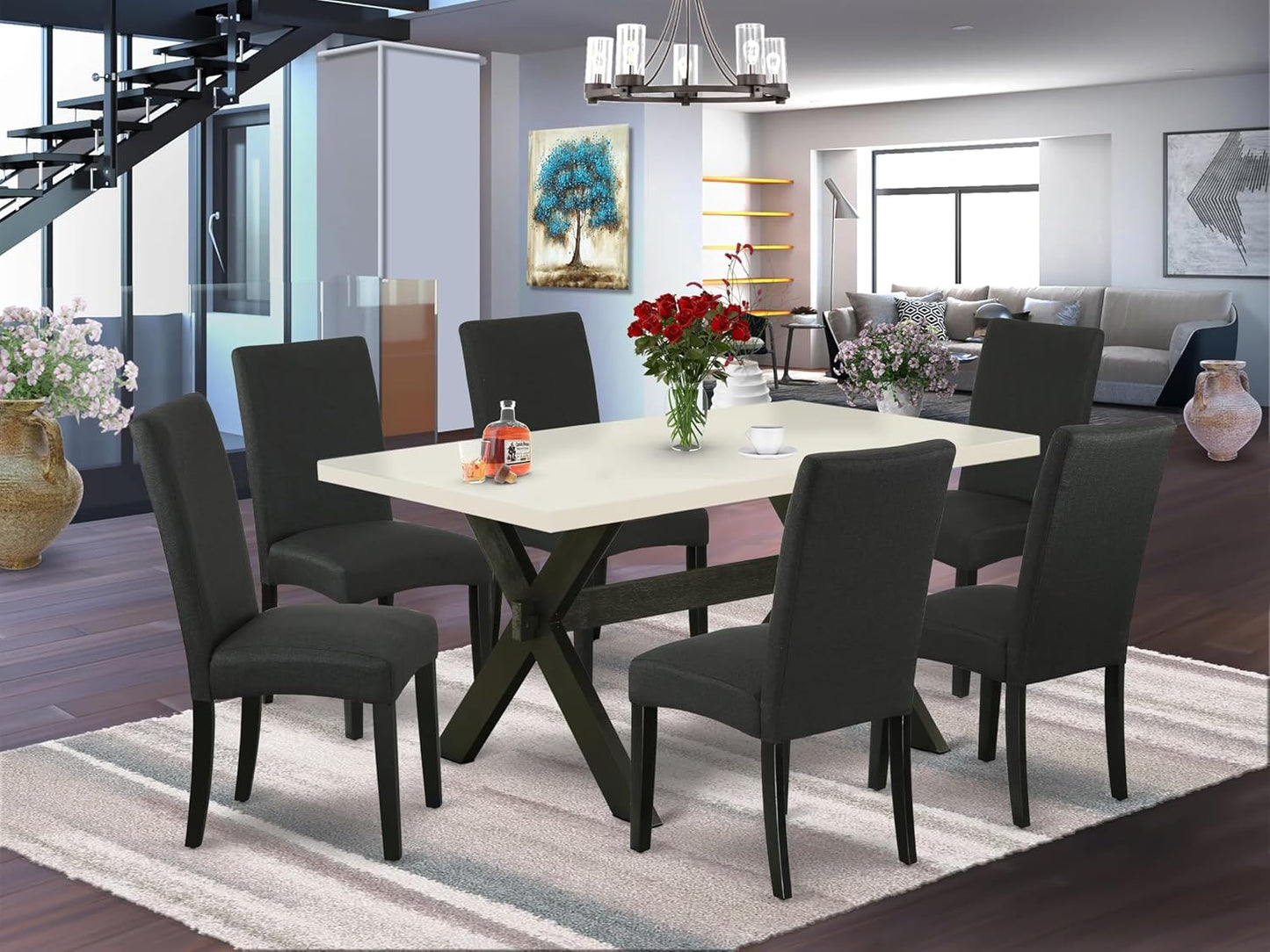 East West Furniture X626DR124-7 7 Piece Kitchen Table Set Consist of a Rectangle Dining Table with X-Legs and 6 Black Color Linen Fabric Parson Dining Chairs, 36x60 Inch, Multi-Color