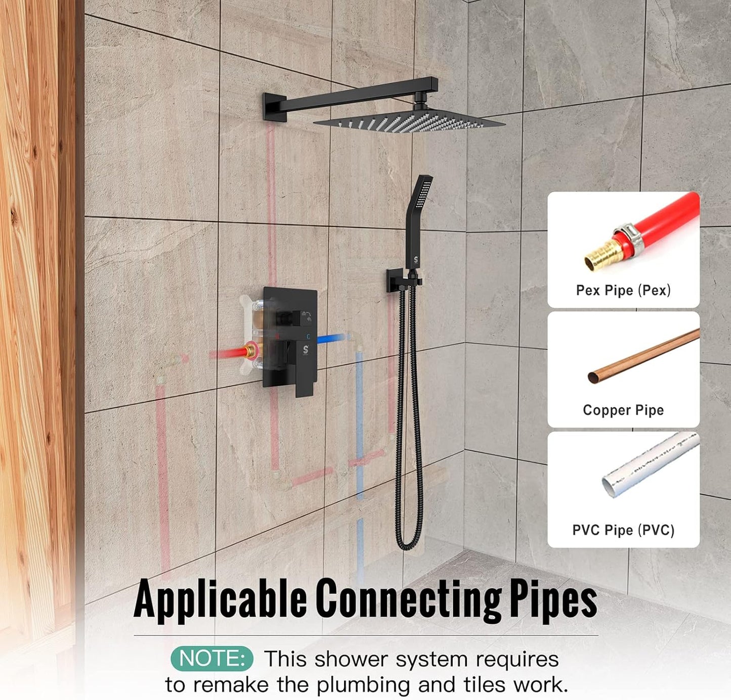 SR SUN RISE Black Square Rainfall Shower Head and Handle Set, Wall Mounted Shower Fixtures, Metal Shower Faucet Trim Repair Kits (With Shower Valve)