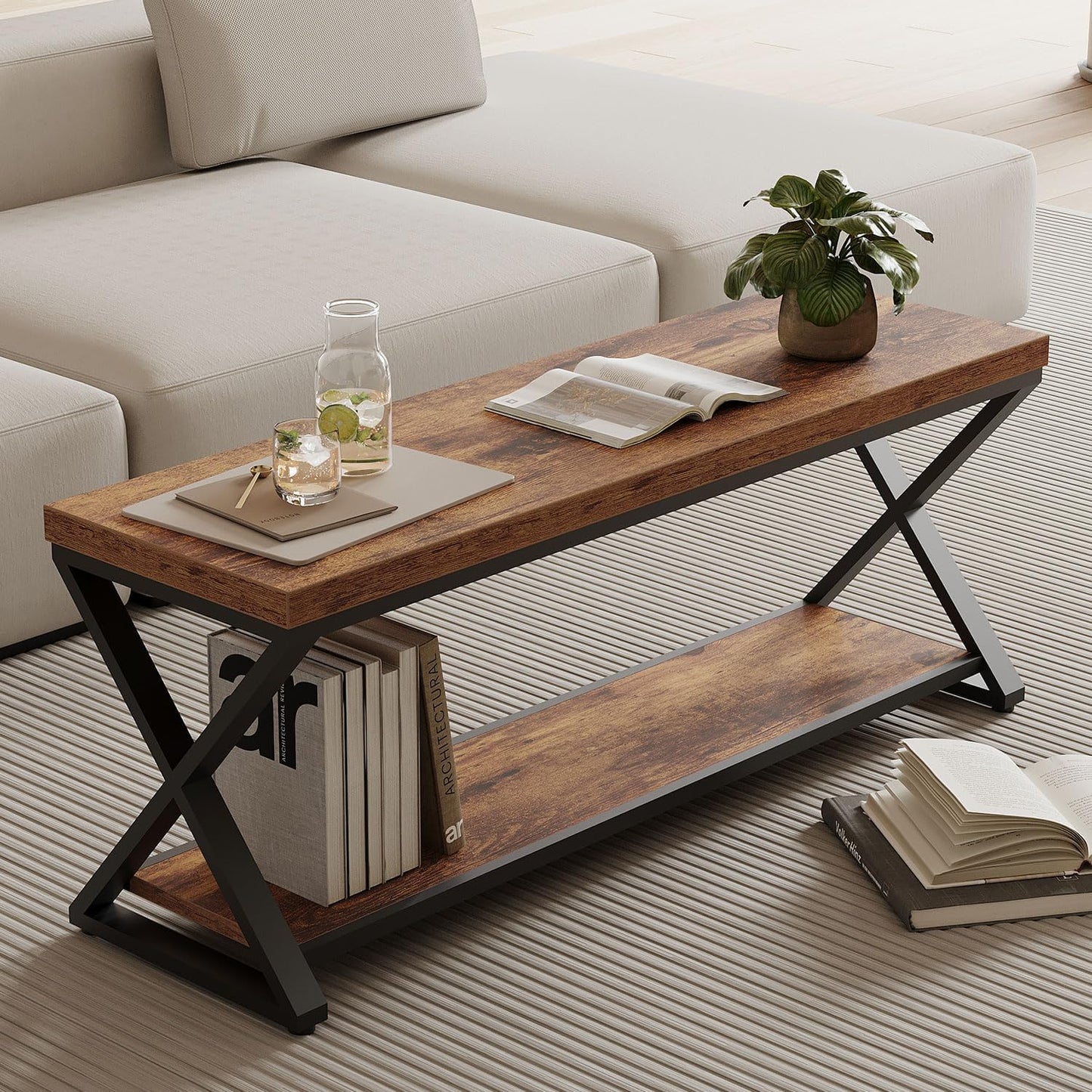 IBF Farmhouse Wood Bench, Industrial Storage Entryway Indoor Bench for Bedroom Hallway Living Room, Rustic Wooden Metal Shoe Rack Accent Foyer Bench Seat for Entrance Sitting, Rustic Brown, 47 in Long