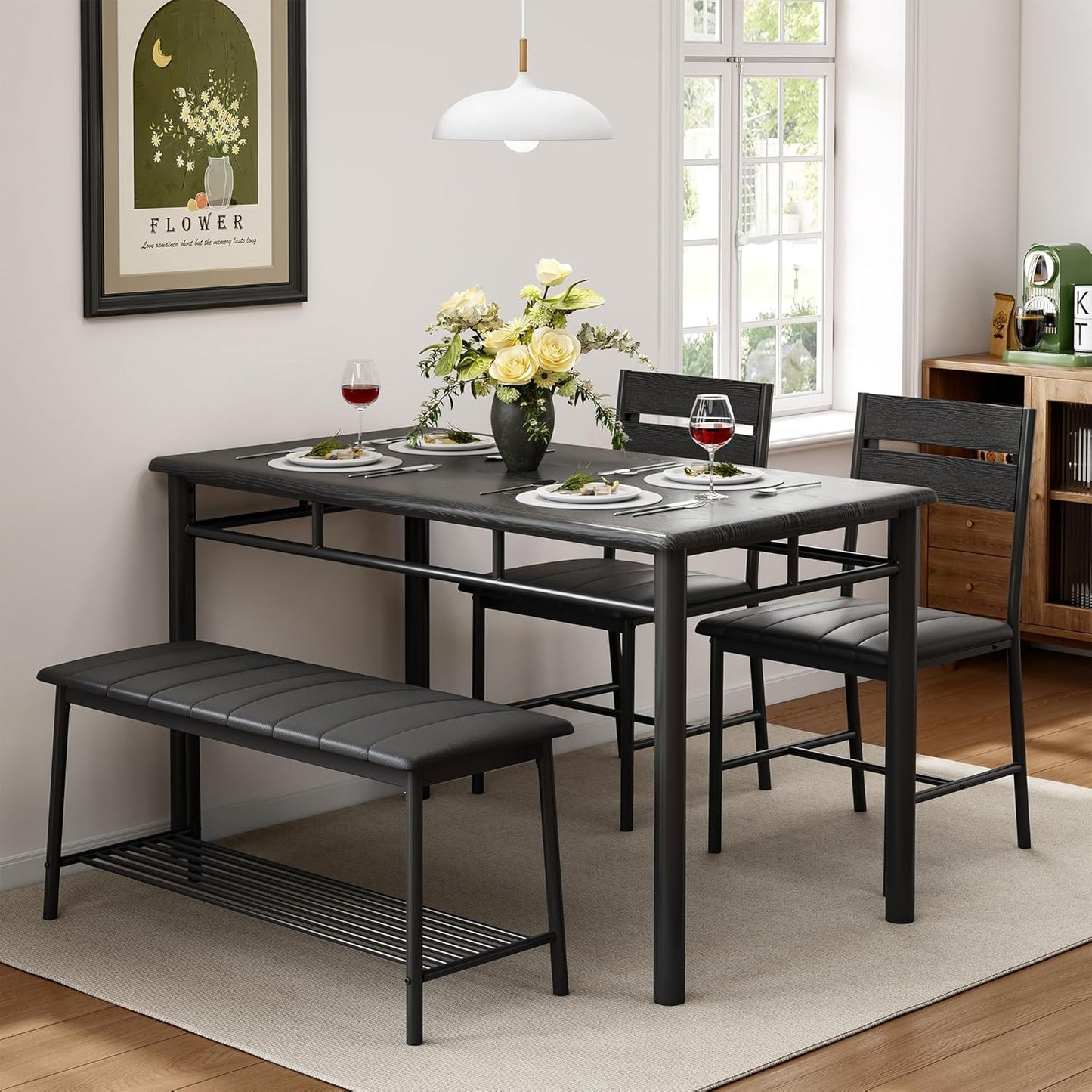 IRONCK Dining Table Set for 4, Kitchen Table with Upholstered Bench and 2 Chairs, Kitchen Table and Chairs Set for Small Space, Apartment, Black