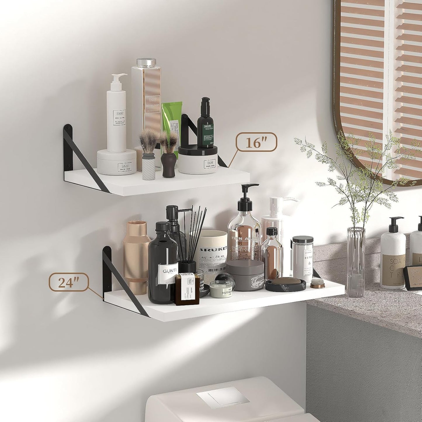 SAUMONIERES Floating Shelves Bookshelf for Bedroom Bathroom Living Room Wood Wall Mounted Wide Deep Storage, White Painted Shelves Set of 2