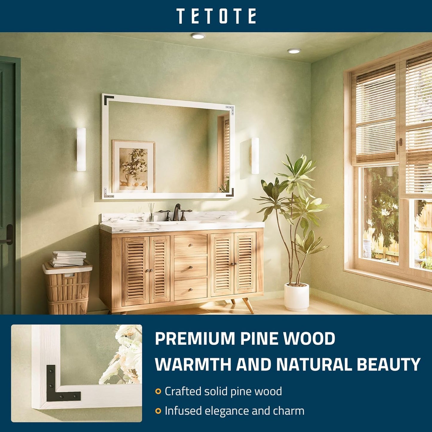 TETOTE 48 x 36 White Wooden Mirror for Bathroom Wall/Bedroom/Living Room/Entryway Farmhouse Rustic Wall Mirror Waterproof (Horizontal/Vertical Mounted)