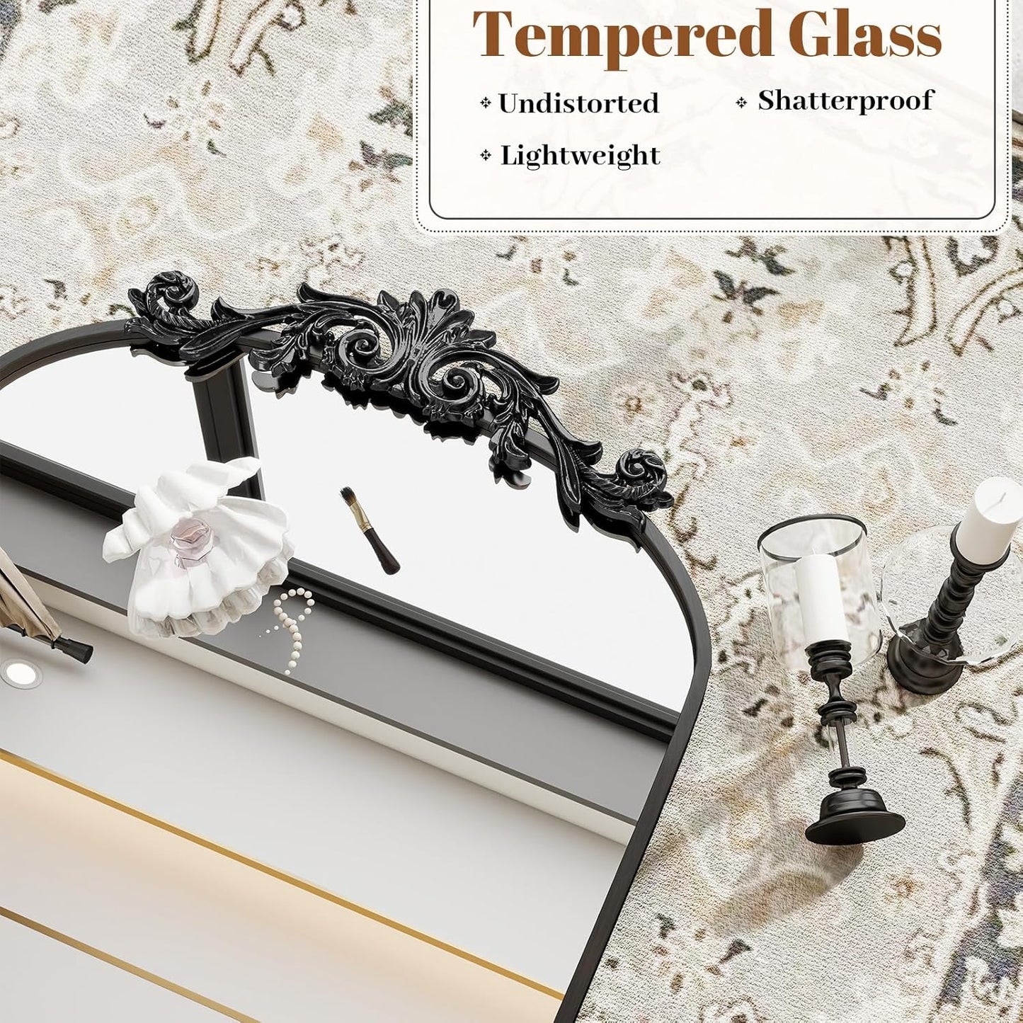 Vintage Arched Bathroom Mirror, 24x36 Inch Retro Wall Mounted Vanity Mirror with Carved Pattern Top and Metal Frame, Black Decorative Mirror for Hanging or Leaning