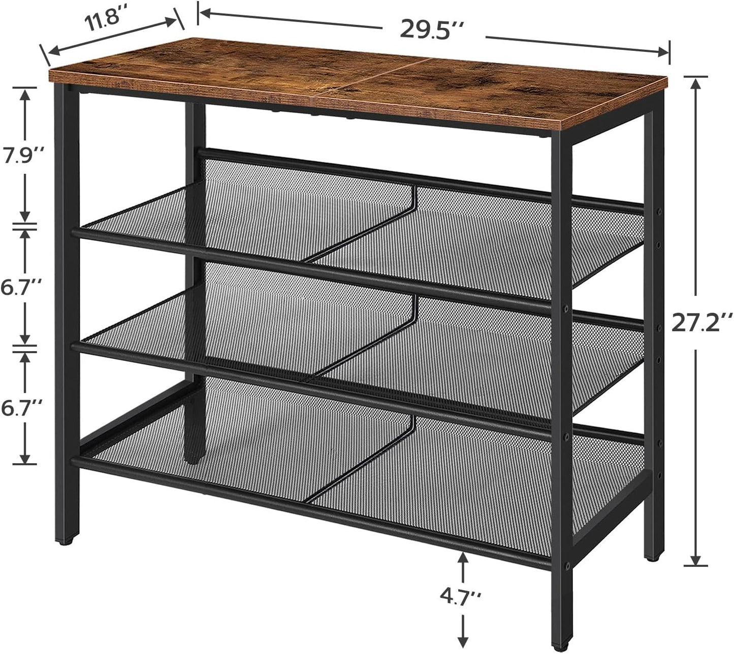 HOOBRO Shoe Rack for Entryway, 4-Tier Shoe Organizer with Adjustable Mesh Shelves, 12-16 Pairs of Shoes, Spacious Floor Mount, Metal, Industrial, Shoe Shelf for Closet, Rustic Brown BF42XJ01