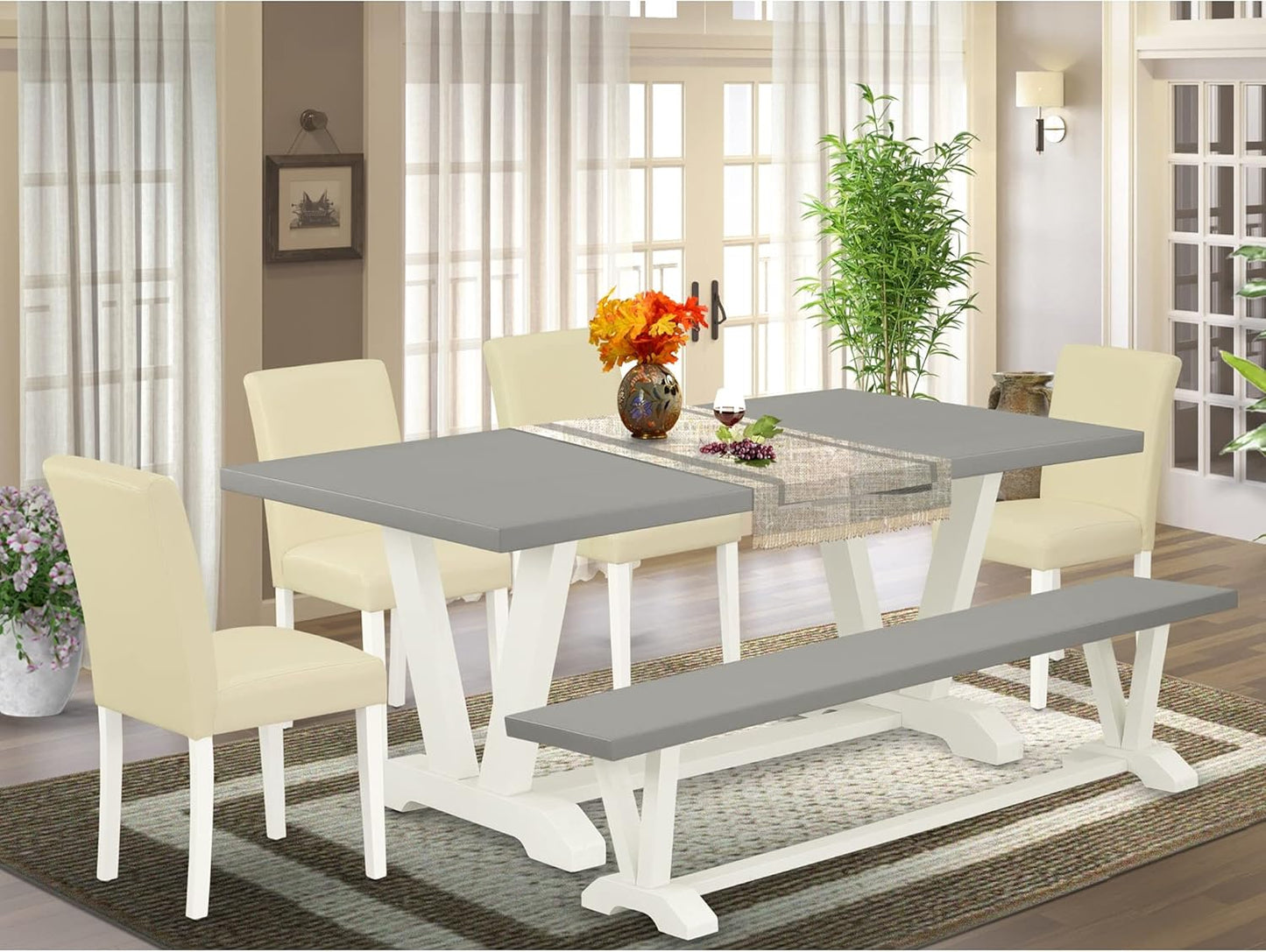 East West Furniture V097AB264-6 6 Piece Dining Table Set Contains a Rectangle Dining Room Table with V-Legs and 4 White Faux Leather Upholstered Chairs with a Bench, 40x72 Inch, Multi-Color