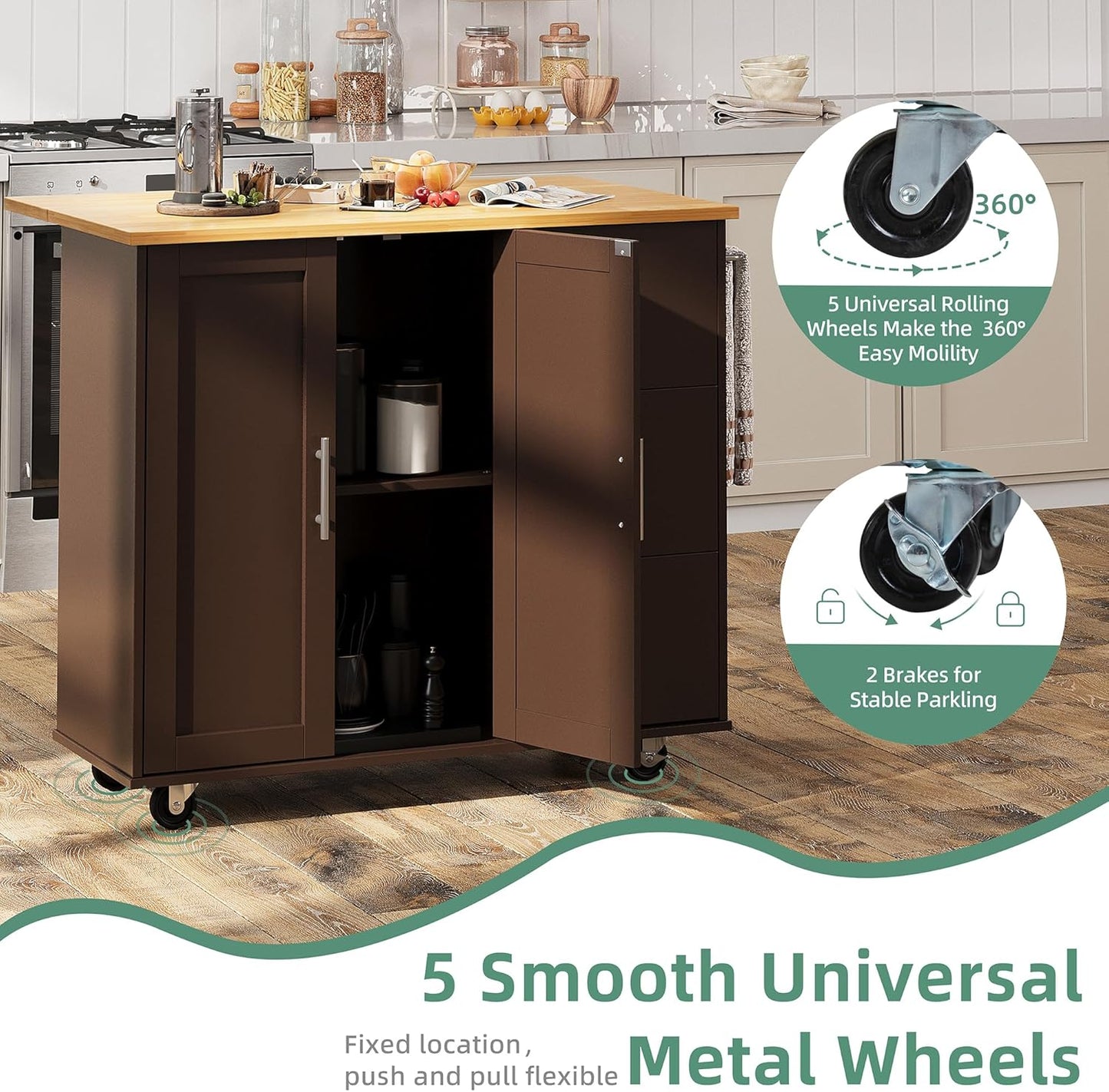 Shintenchi Rolling Kitchen Island Cart with Folding Drop Leaf Breakfast Bar, Portable Trolley Island with Large Storage Cabinet, Shelf and Drawer, Brown