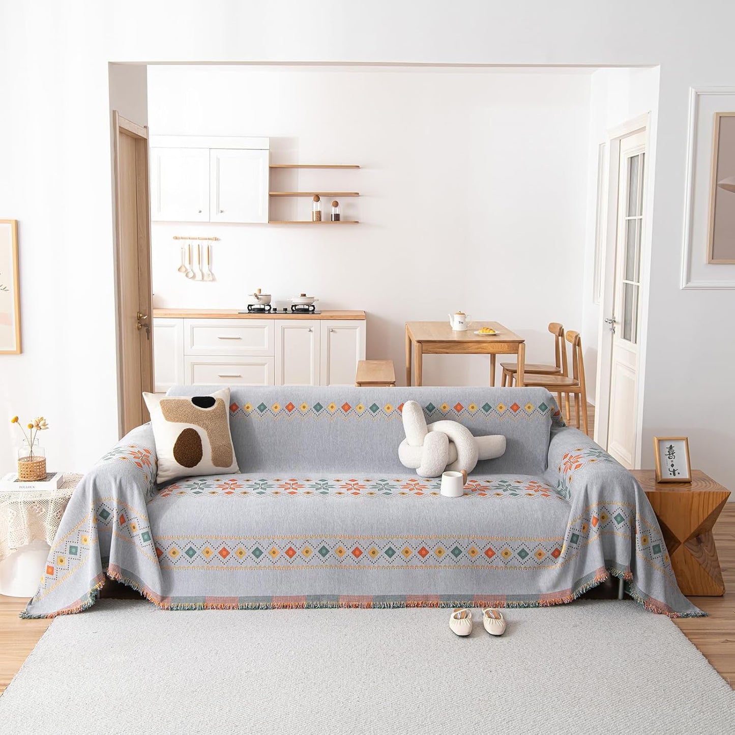 STACYPIK Boho Gray Jacquard Couch Cover, Sofa Cover for Dogs Washable, Non Slip Couch Cover for Sectional, Furniture Protector for 3 Cushion Couch, Multi-use Sofa Slipcover Pet-Friendly-71X150IN