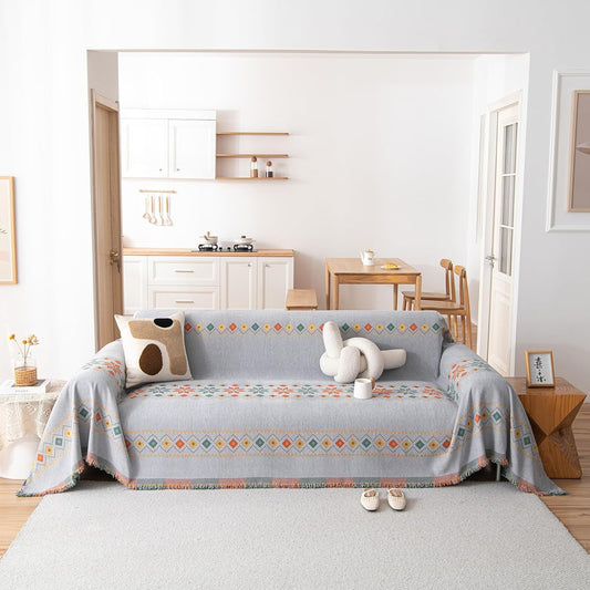 STACYPIK Boho Gray Jacquard Couch Cover, Sofa Cover for Dogs Washable, Non Slip Couch Cover for Sectional, Furniture Protector for 3 Cushion Couch, Multi-use Sofa Slipcover Pet-Friendly-71X150IN