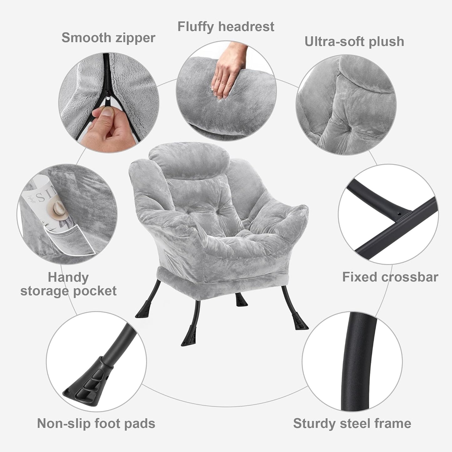 Fabric Lazy Chair for Adults, Oversized Upholstered Sofa Chair, Plush Comfy Lounge Chair with Large Side Storage Pocket, Thick Padded Reading Chair for Living Room, Bedroom, Dorm, Light Gray