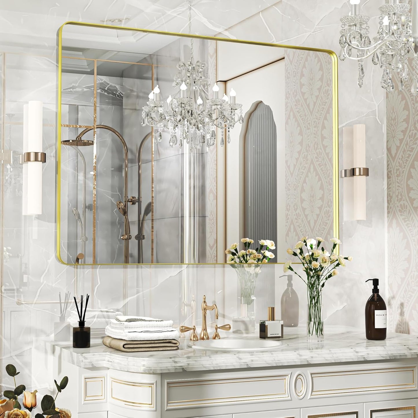 48×36 Glod Bathroom Mirror, Rectangular Bathroom Vanity Mirror for Wall with Rounded Corners & Aluminum Alloy Frame, Tempered-Glass, Modern, Farmhouse, Horizontal/Vertical, Entryway, Bedroom