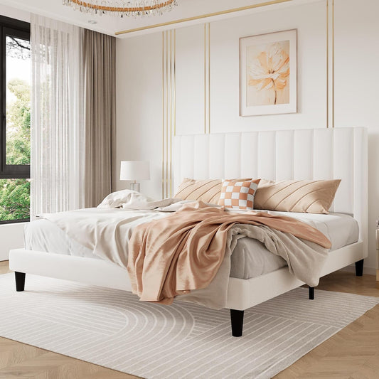 SHA CERLIN King Bed Frame/Velvet Upholstered Platform Bed Frame with Headboard/Strong Wood Slats Support/Mattress Foundation/No Box Spring Needed/Easy Assembly/White