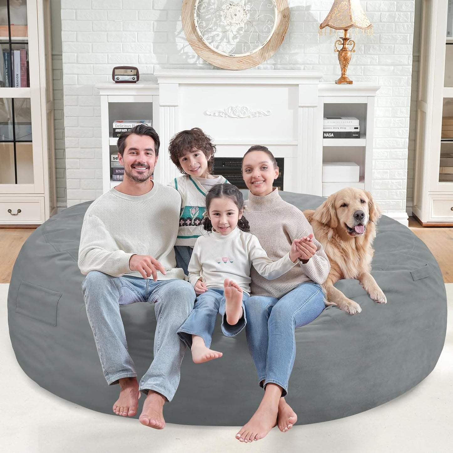 7FT Bean Bag Chair, Large Bean Bag Chairs with Memory Foam Filled, Fluffy Beanbag Sofa with Dutch Velvet Cover, Round BeanBag Chairs for Living Room, Playroom - Light Grey