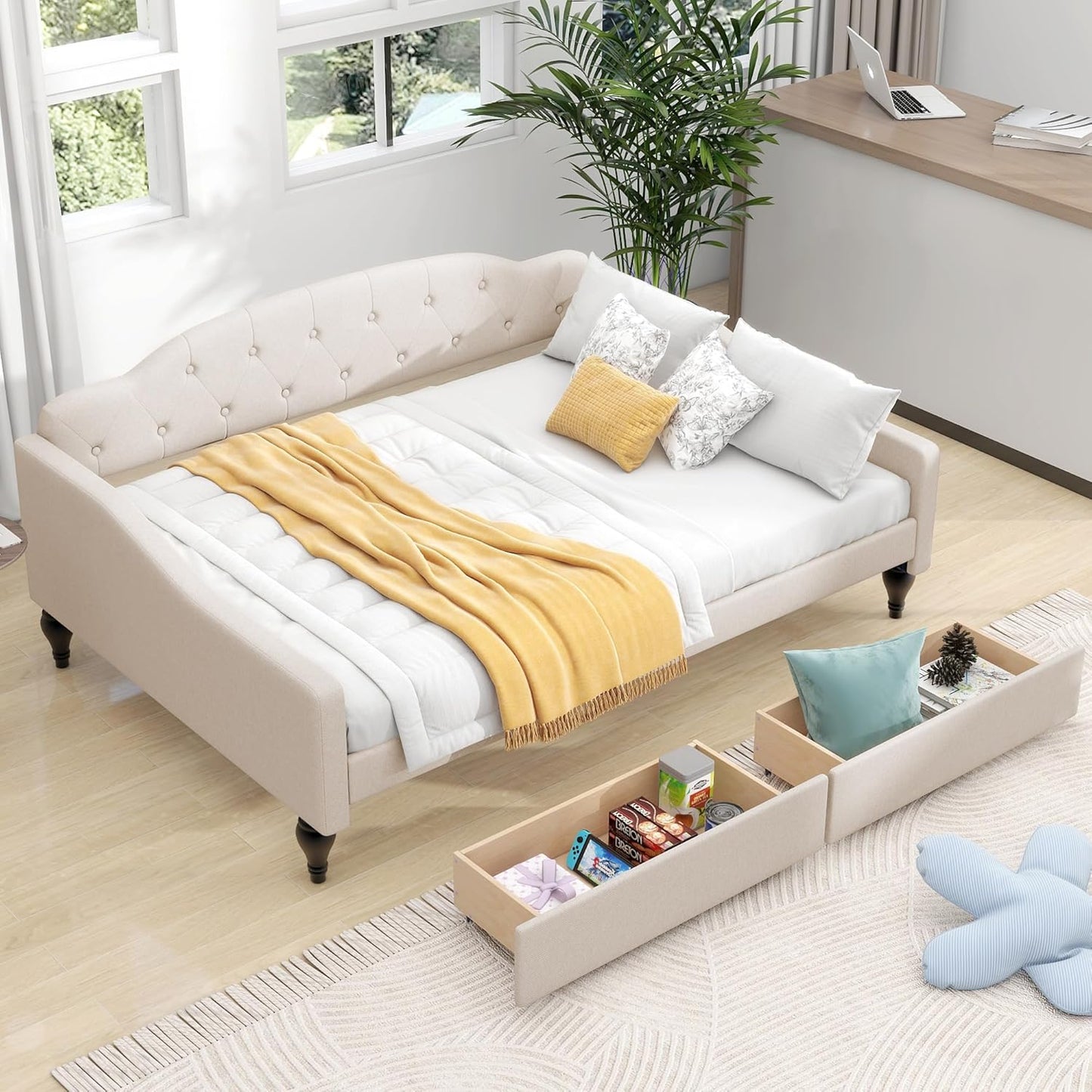 Full Size Upholstered Tufted Daybed with Two Storage Drawers,Linen Sofa Bed,Easy Assemble & No Box Spring Needed,Perfect for Small Space,Bedroom,Livingroom,Guest Room, Beige