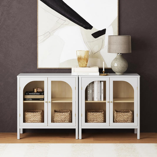 Nathan James Mason Wood Storage Cabinet Accent Sideboard Buffet Credenza TV Stand with Glass Doors and Adjustable Shelf for Dining Room, Entryway or Living Room, Clear Glass/White/Light Oak, Set of 2