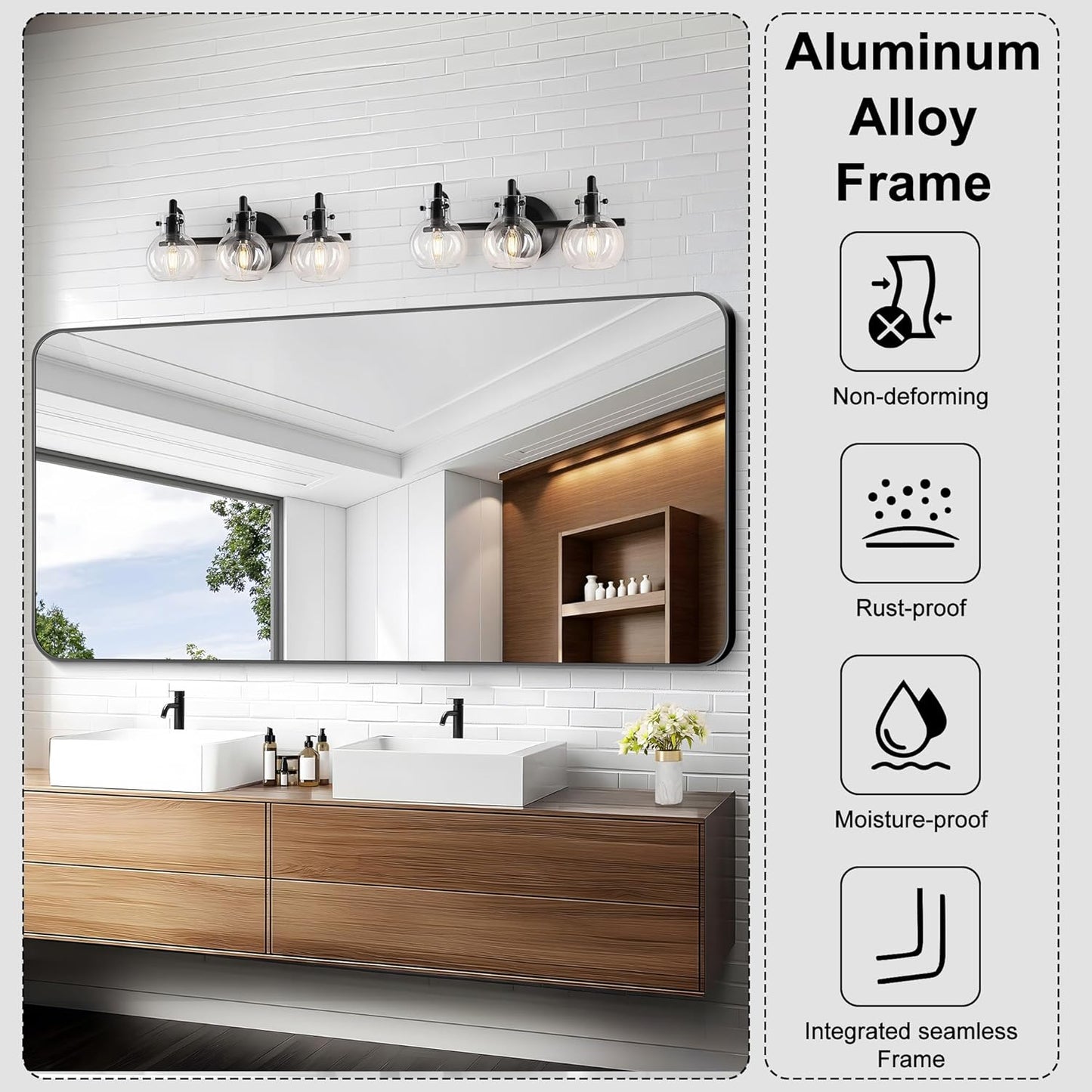 KOCUUY 60"x30" Large Rectangle Vanity Mirror, Black Metal Frame Mirror with Rounded Corner, Modern Design of Upgraded Shatterproof Glass for Bathroom, Bedroom, Living Room, Entryway