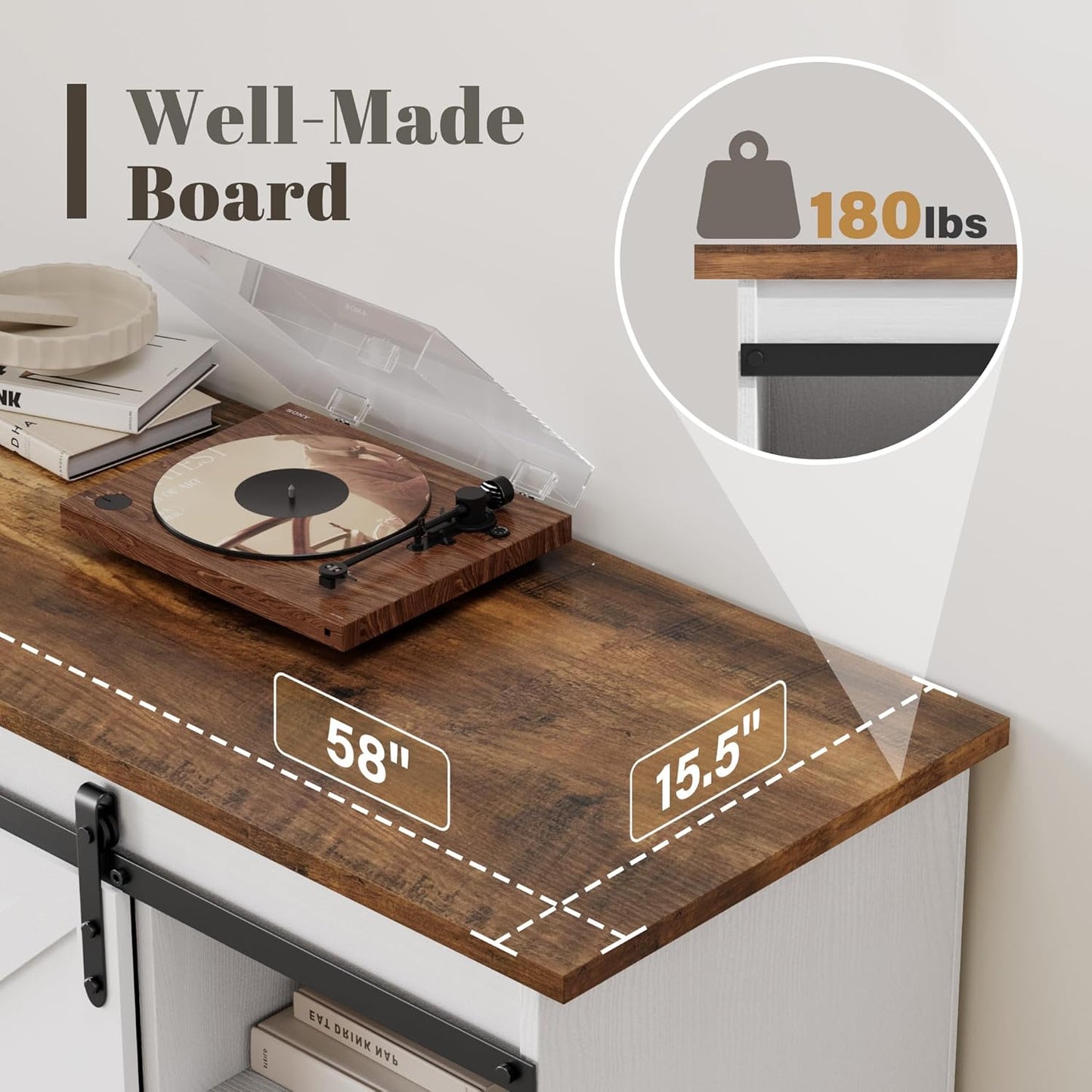 YESHOMY TV Stand for Televisions up to 65 Inchs, with Sliding Barn Doors and 4 Storage Drawers, Console Table and Media Furniture for Living Room, 58 Inch, Milk White