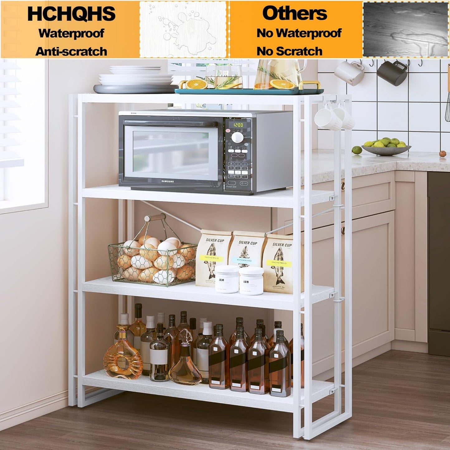 HCHQHS Bookshelf, 4-Tier Industrial Bookcase, White Open Book Shelf, Freestanding Tall Bookshelves with Metal Frame