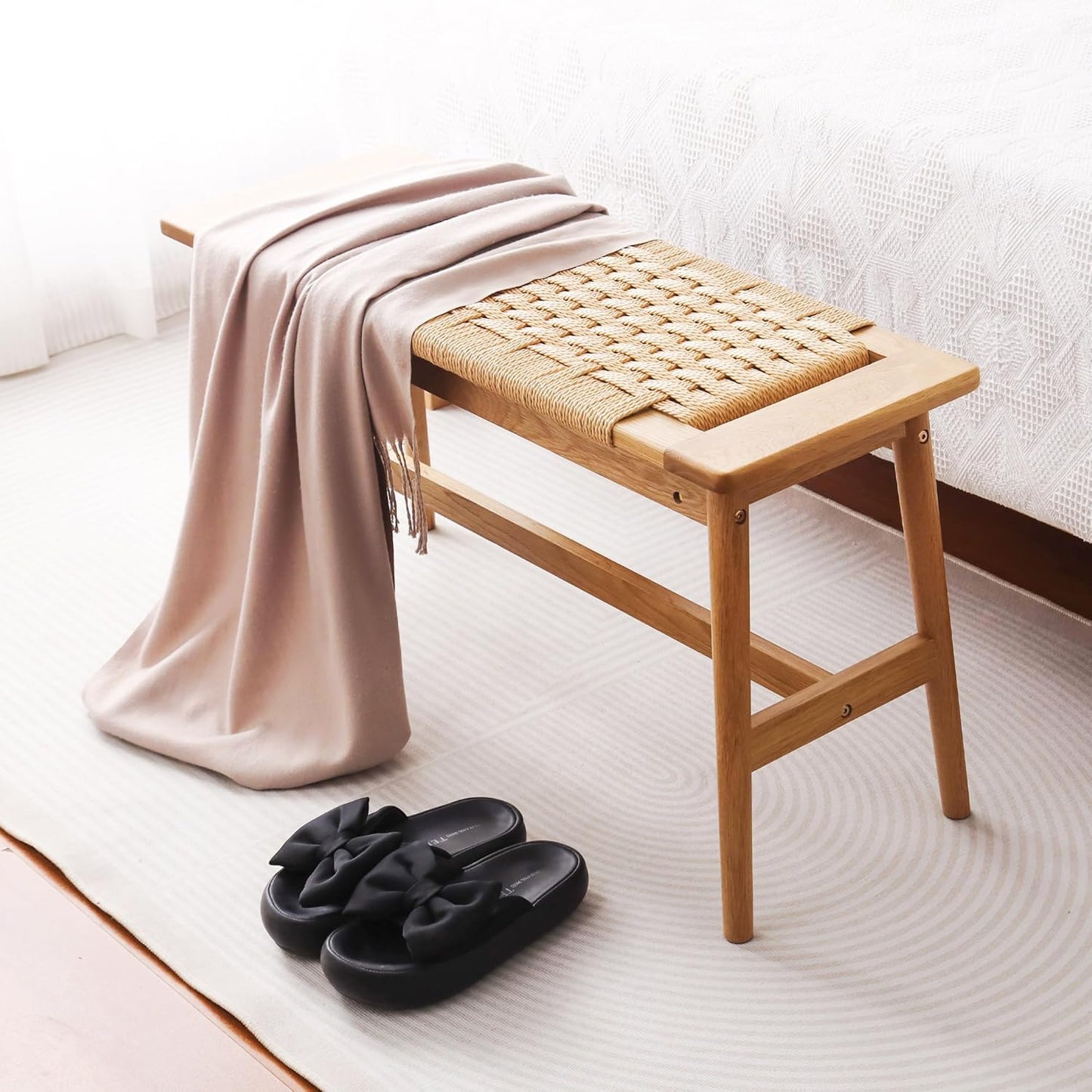 33.5" L Wood Dining Bench Indoor, 100% Natural Solid Oak Bed Bench Hand Woven Enterway Bench Small Bench for Dining Room, Bedroom, Kitchen (Natural)