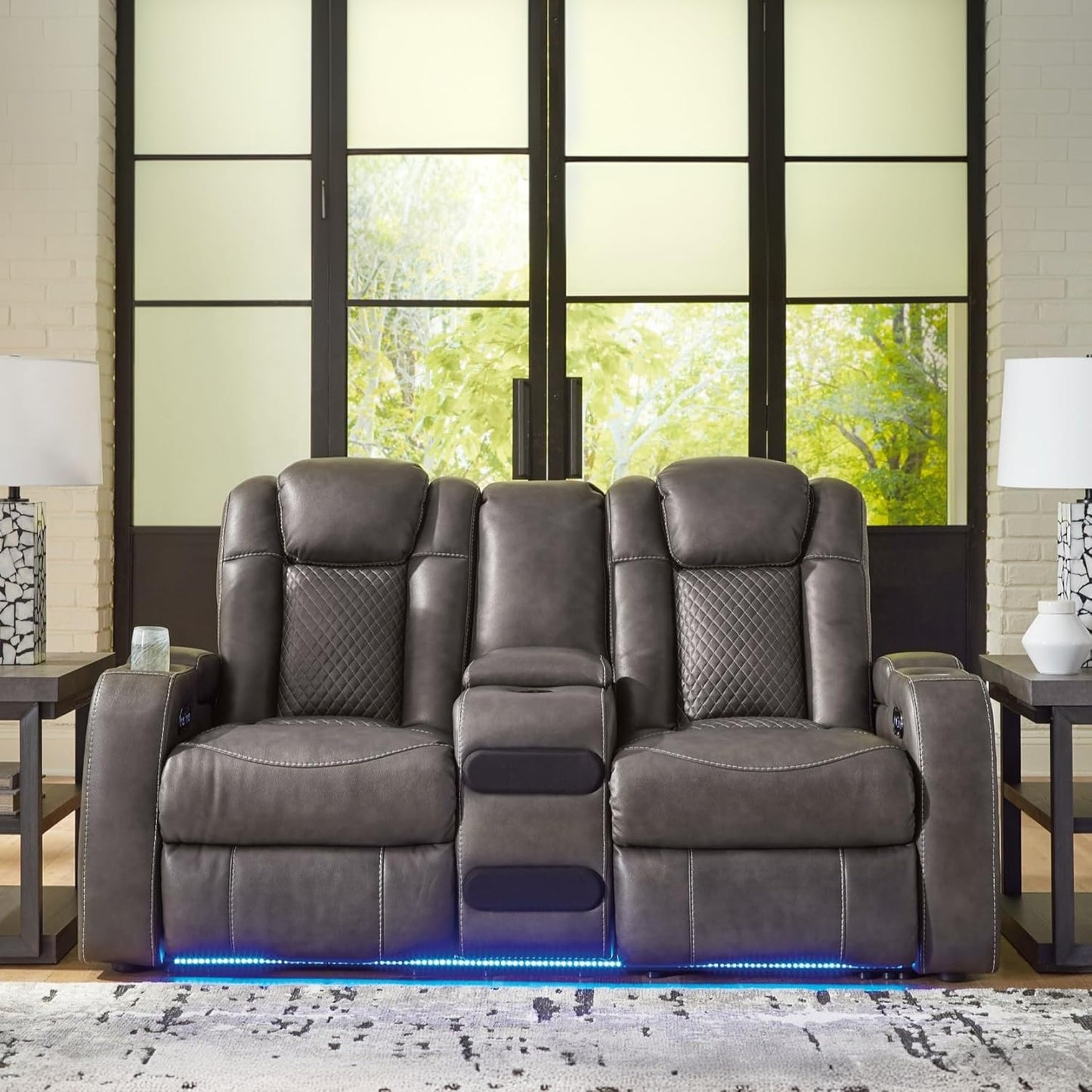 Signature Design by Ashley Fyne-Dyme Contemporary Power Reclining Loveseat with Console, USB Charging Ports and Adjustable Headrest, Gray