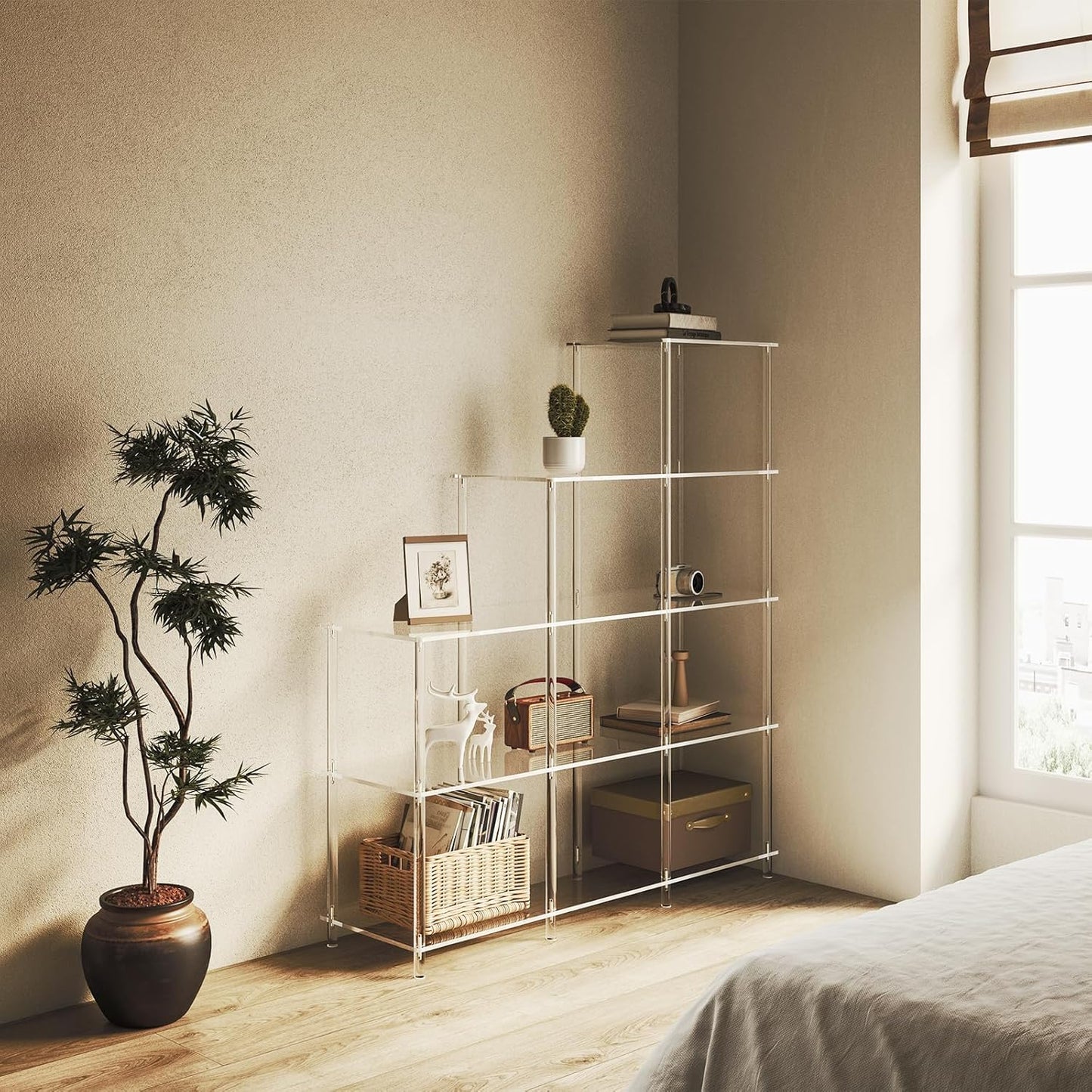 5-Tier Acrylic Bookshelf, 9 Cube Bookcase, Clear Open Stepped Book Shelf for Home Office, Living Room, Bedroom, Easy Assembly, 11.8" D x 40.6" W x 46.1" H