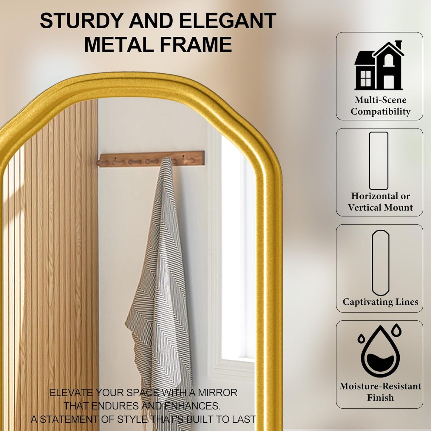 Modern Slim Wall Decor Mirror 10"x44" Gold - Skinny Wall Decor for Entryway, Bedroom, Nursery, Luxury Metal Frame with Anti-Shatter Glass