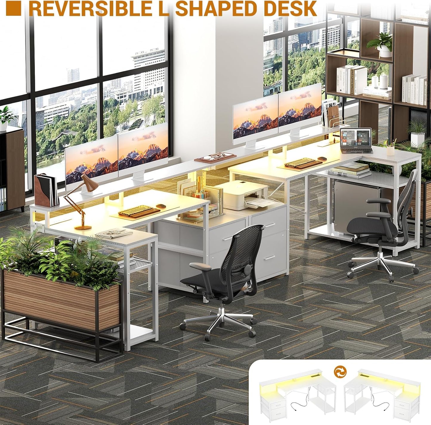 Aheaplus L Shaped Desk with File Drawer, Reversible L Shaped Computer Desk Gaming Desk with Power Outlet & LED Strip, Home Office Desk with Monitor Shelf, Corner Desk with Storage Shelves, White