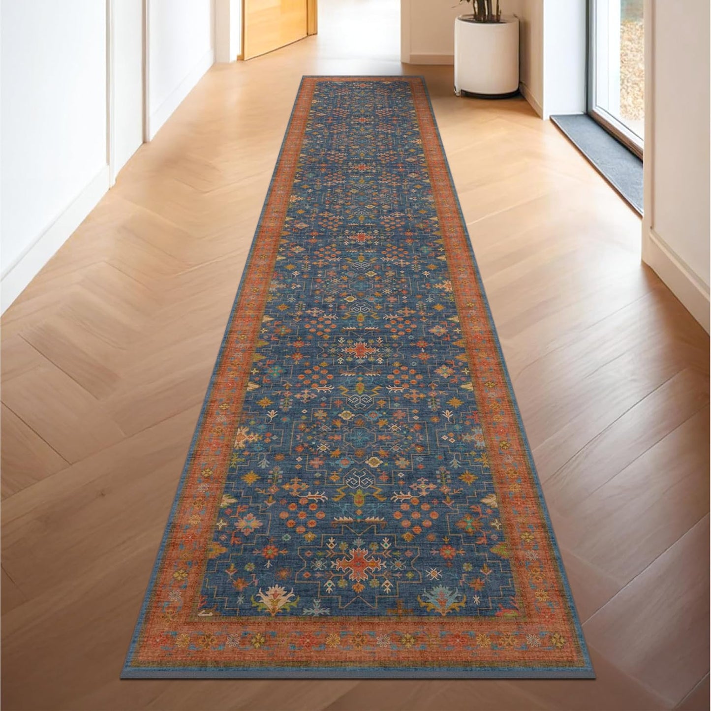 Navy Blue Washable Hallway Runner Rug 2x10 Non Slip Rugs for Kitchen, Mudroom, Bathroom, Hall Way - 10 ft Long Dark Boho Geometric Decor, Fade & Stain Resistance