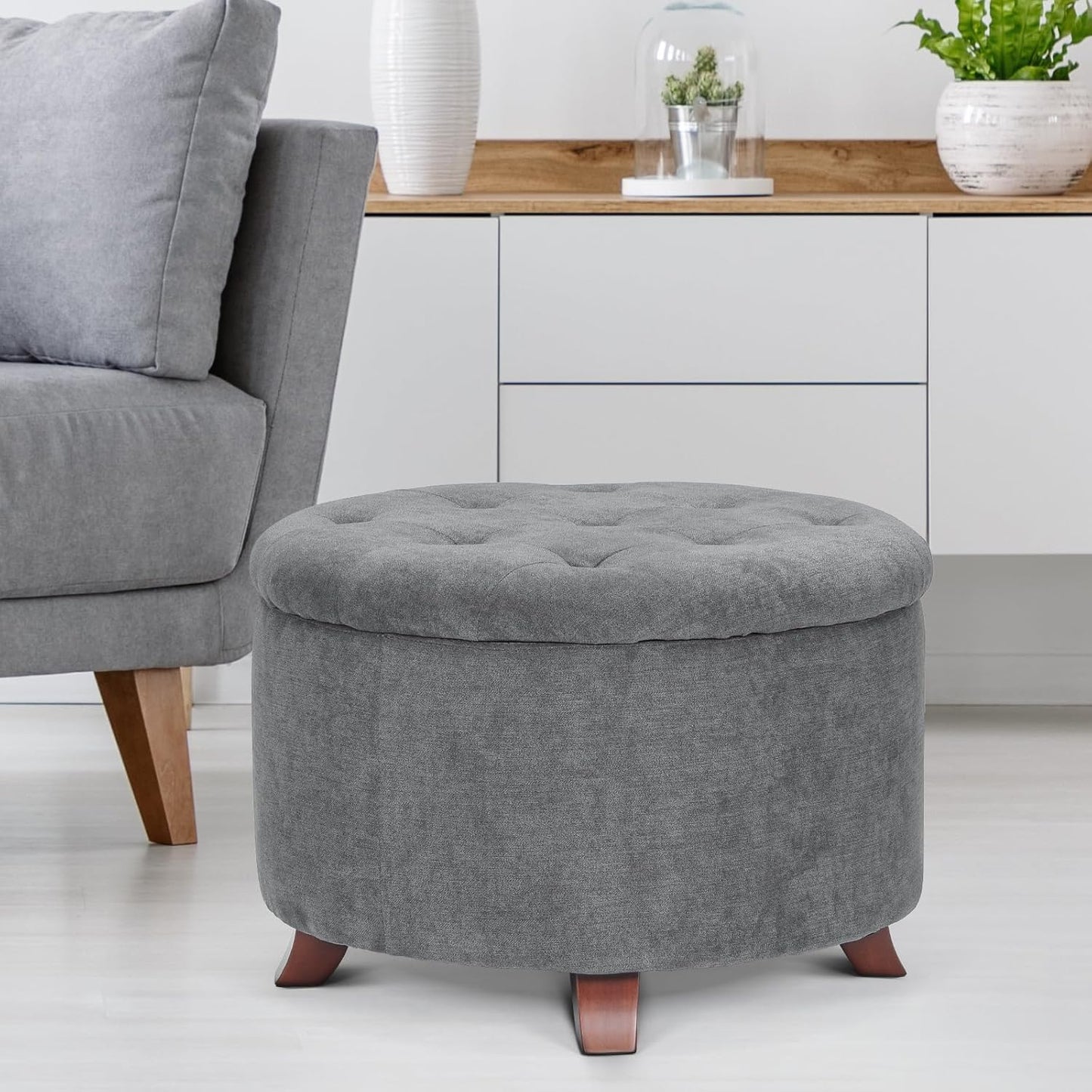 Athena Collection 24.5 Inch Small Ottoman with Storage, Round Linen Fabric Storage Ottoman Foot Rest with Removable Lid, Multipurpose Footstool Footrest for Livingroom, Bedroom, Dorm, Dark Grey