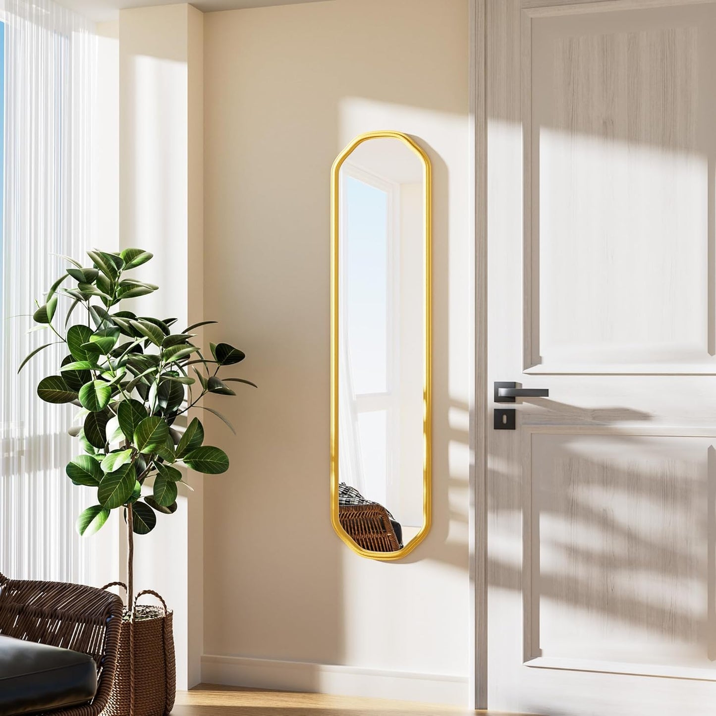 Modern Slim Wall Decor Mirror 10"x44" Gold - Skinny Wall Decor for Entryway, Bedroom, Nursery, Luxury Metal Frame with Anti-Shatter Glass