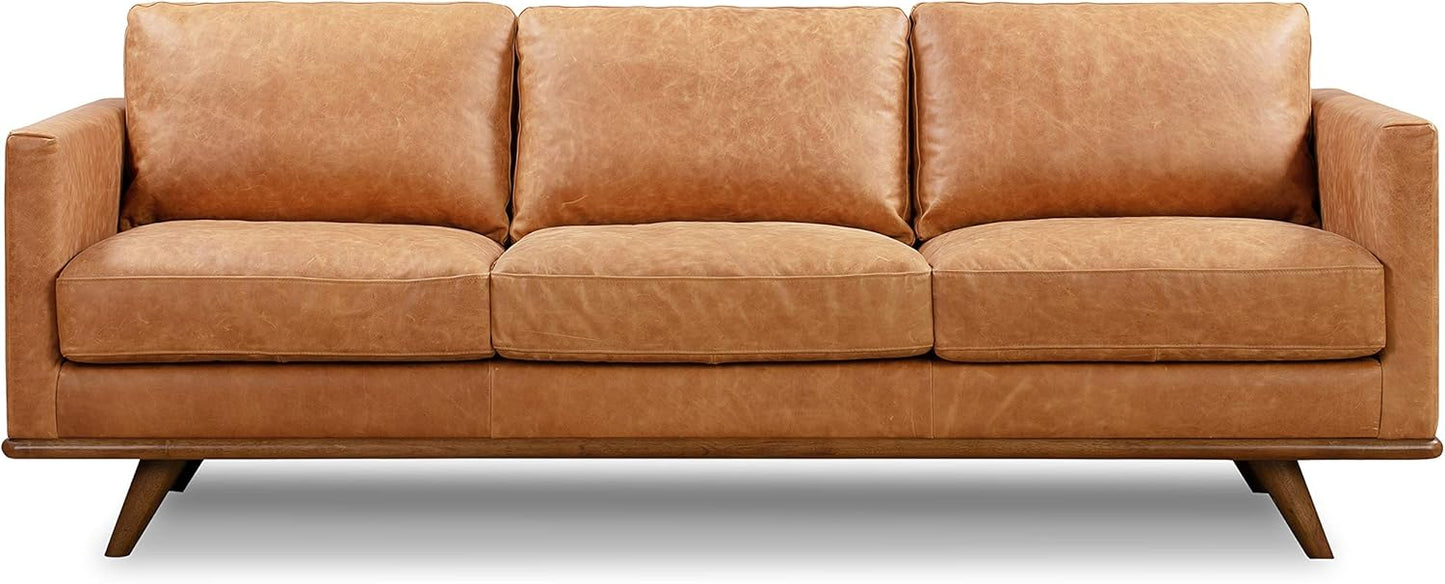 Poly & Bark Nolita Leather Couch - 85-Inch Sofa - Full-Grain Leather Sofa for Living Room with Feather-Down Topper - Living Room Couch - Pure-Aniline Vintage Italian Leather in Cognac Tan