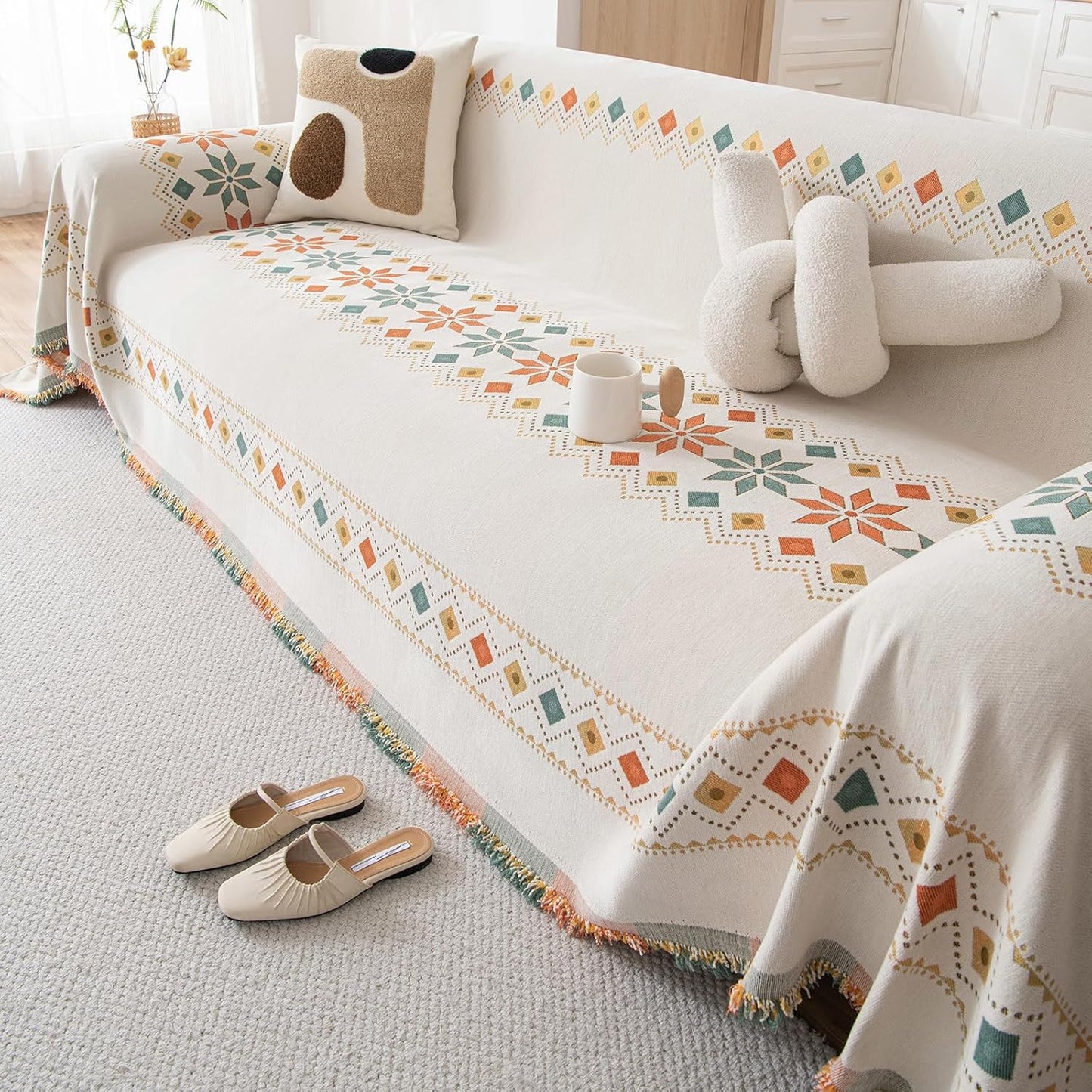 STACYPIK Thick Boho Beige Sofa Cover, Jacquard Chenille Couch Cover for Sectional, Non-Slip Geometric Furniture Protector for 3 Cushion Couch, L Shaped Sofa Cover Decorative Sofa Slipcover-71X134IN