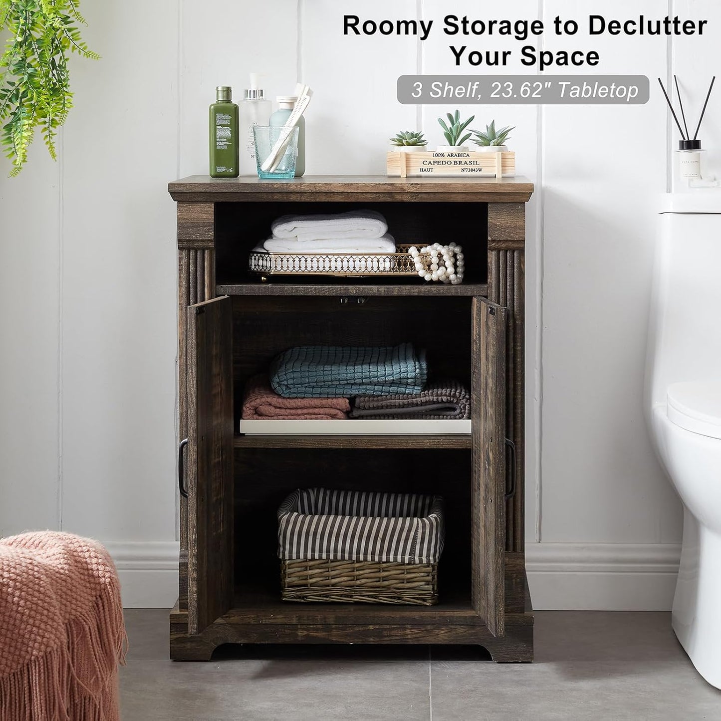 24" Farmhouse Storage Cabinet with Barn Doors, Dark Rustic Oak Freestanding Sideboard Buffet with Adjustable Shelf, Pantry Hutch Coffee Bar for Kitchen Bathroom Living Room - Small Floor Cabinet