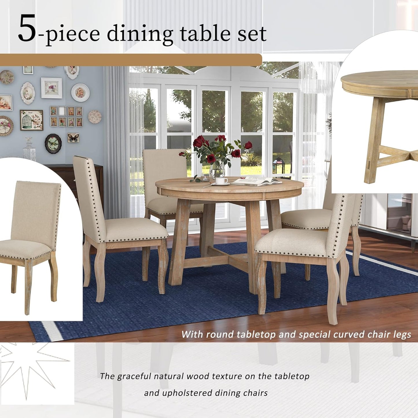 Merax 5-Piece Farmhouse Dining Furniture Set, Wooden Round Extendable Table, and 4 Upholstered Chairs, Natural Wood Wash