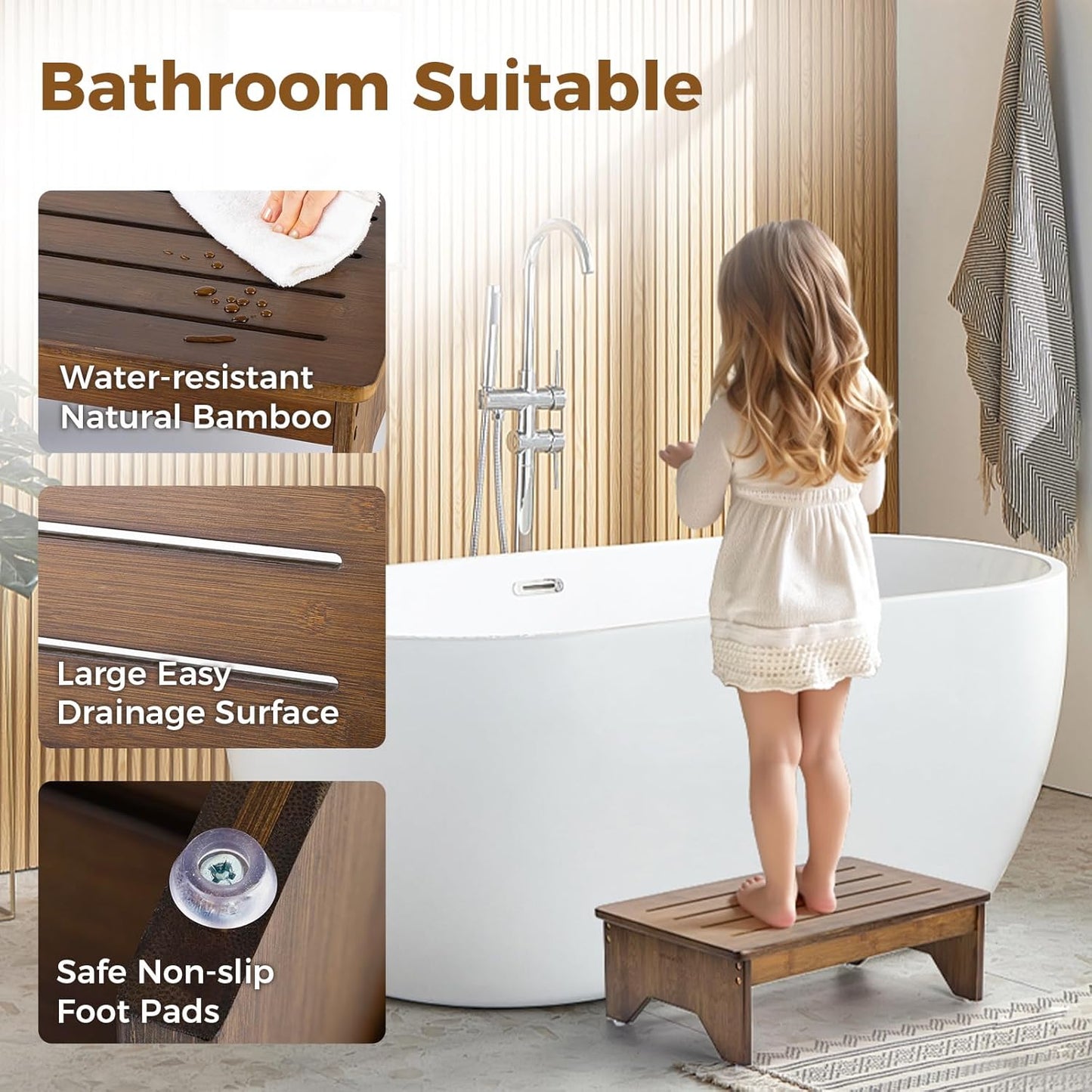 StrongTek Bamboo Step Stool, Wooden Step with Non-Slip Bottom for Safety, Lightweight and Sturdy Footstool for Kitchen, Bedroom, Living Room, Perfect for Adults, Kids, Seniors, and Toddlers (Extended)