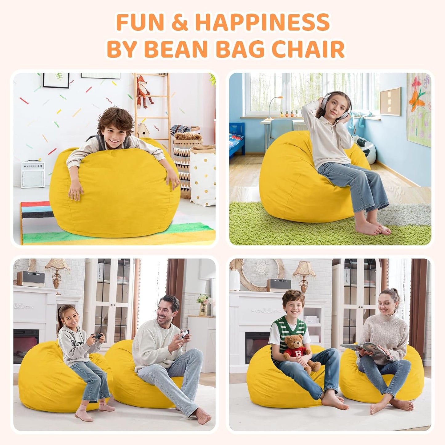 2FT Bean Bag Chair, Comfy Bean Bag Chairs with Memory Foam Filled, Fluffy Beanbag Sofa with Dutch Velvet Cover, Teardrop BeanBag Chairs for Living Room, Playroom - Lemon