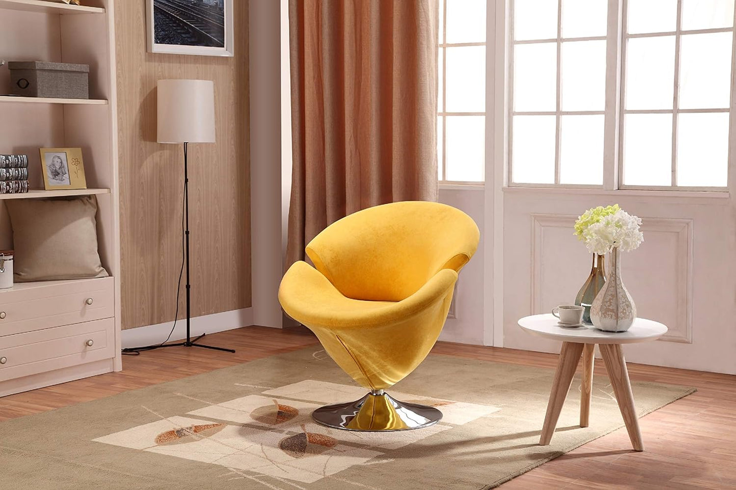 Manhattan Comfort Tulip Swivel Accent Chair Set of 2 with 360° Turn, Modern Flower Inspired Design, Soft Velvet Upholstery, Polished Chrome Base, No Assembly Required, 300 Lbs Capacity, Yellow