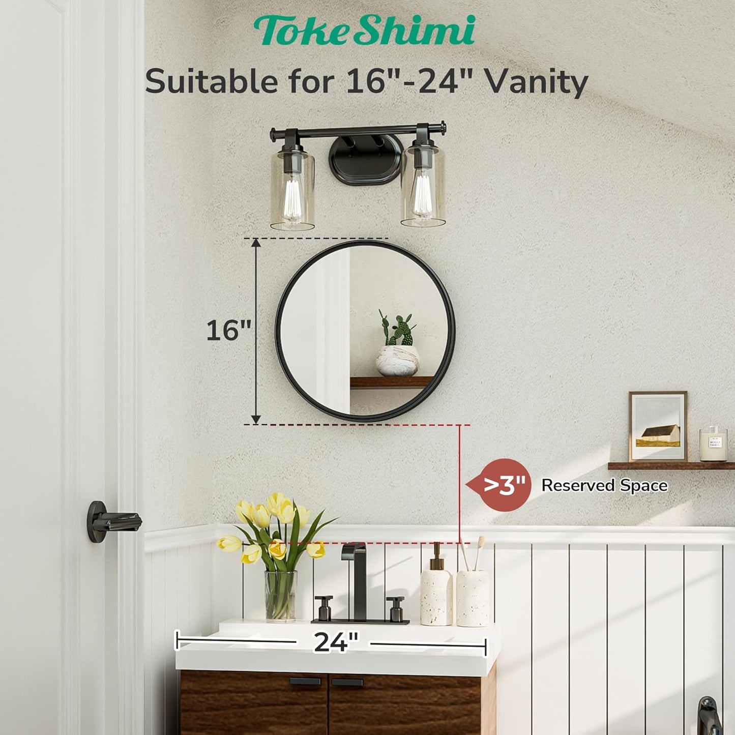 TokeShimi 16 in Round Black Bathroom Mirror Framed, Modern Circle Wall Mirror Farmhouse Aluminum, 16 x 16 Shatterproof Round Bathroom Vanity Mirrored for Restroom, Bedroom, Entryway, Living Room