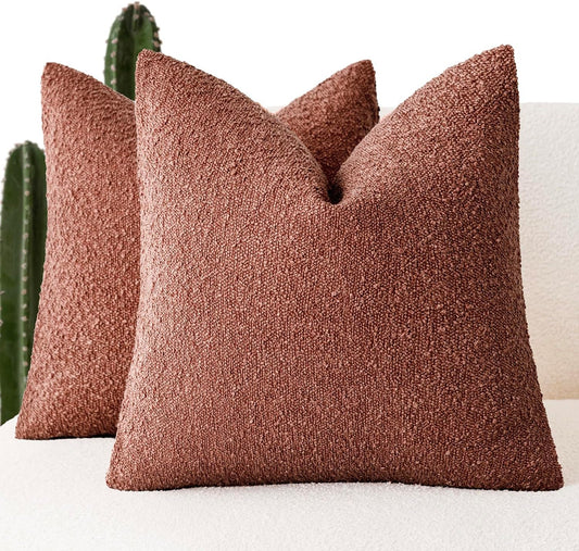 Foindtower Pack of 2 Textured Boucle Throw Pillow Covers Accent Solid Pillow Cases Cozy Soft Decorative Couch Cushion Case for Chair Sofa Bedroom Living Room Home Decor 18x18 Inch Orange Rust Red