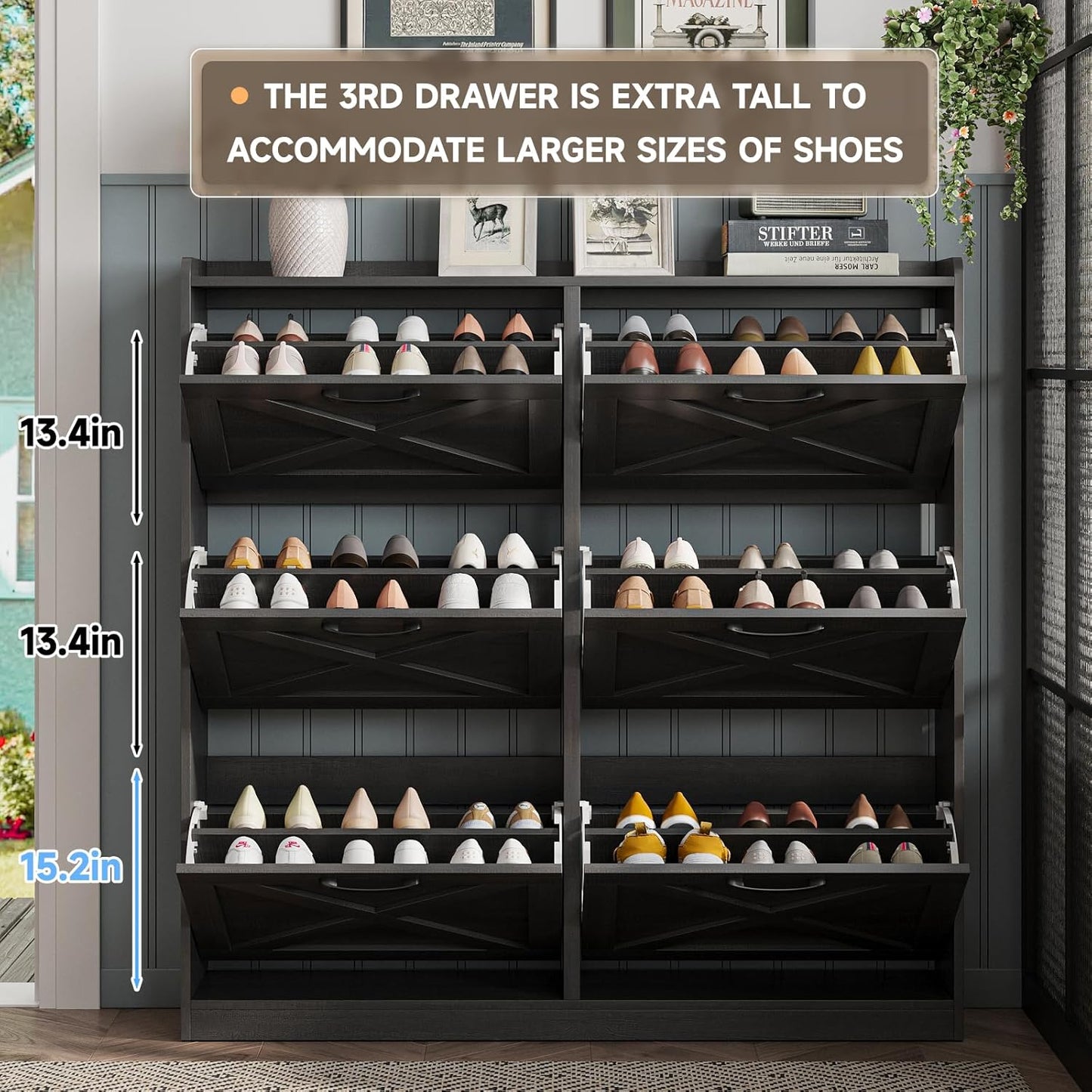 Maupvit Large Shoe Storage Cabinet with 6 Flip Drawers, Freestanding Shoe Organizer with Metal Handles for Entryway, Narrow Shoe Rack Cabinet, Black